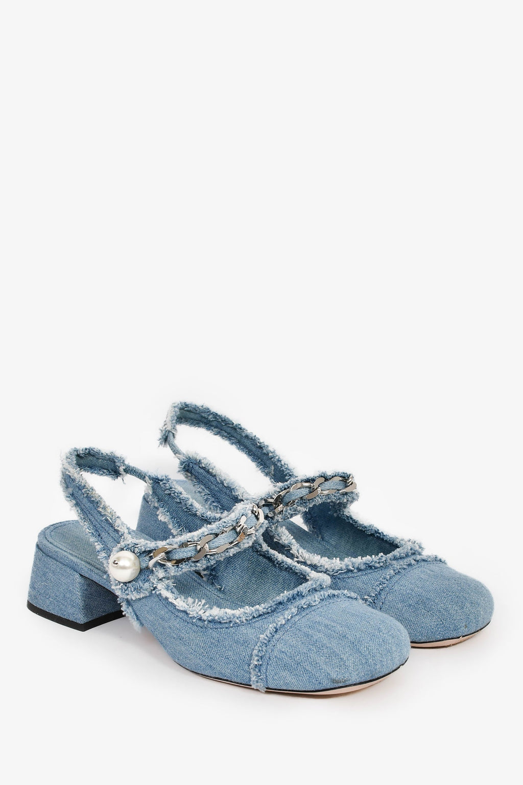 Miu Miu Blue Denim Frayed Chain Pearl Detail Slingback Pumps Size 37