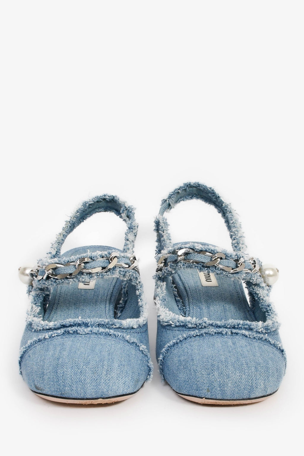 Miu Miu Blue Denim Frayed Chain Pearl Detail Slingback Pumps Size 37