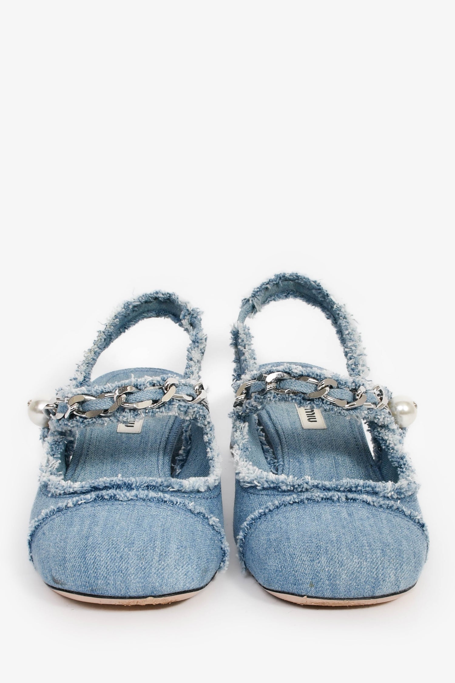 Miu Miu Blue Denim Frayed Chain Pearl Detail Slingback Pumps Size 37