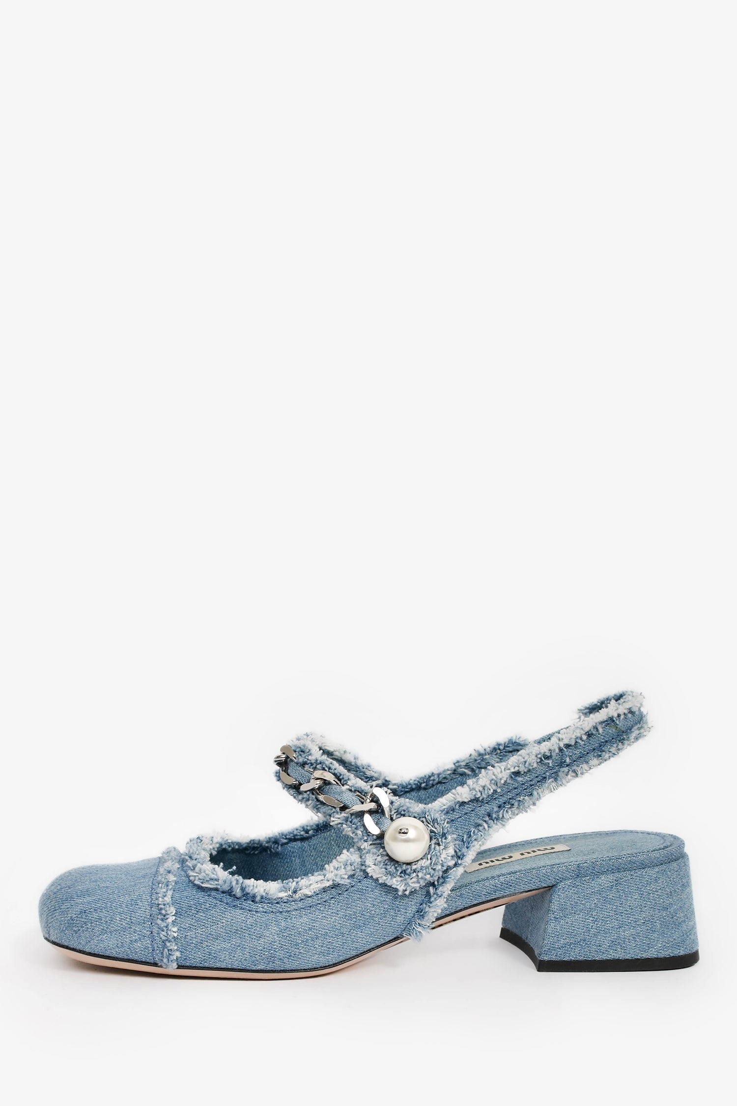 Miu Miu Blue Denim Frayed Chain Pearl Detail Slingback Pumps Size 37