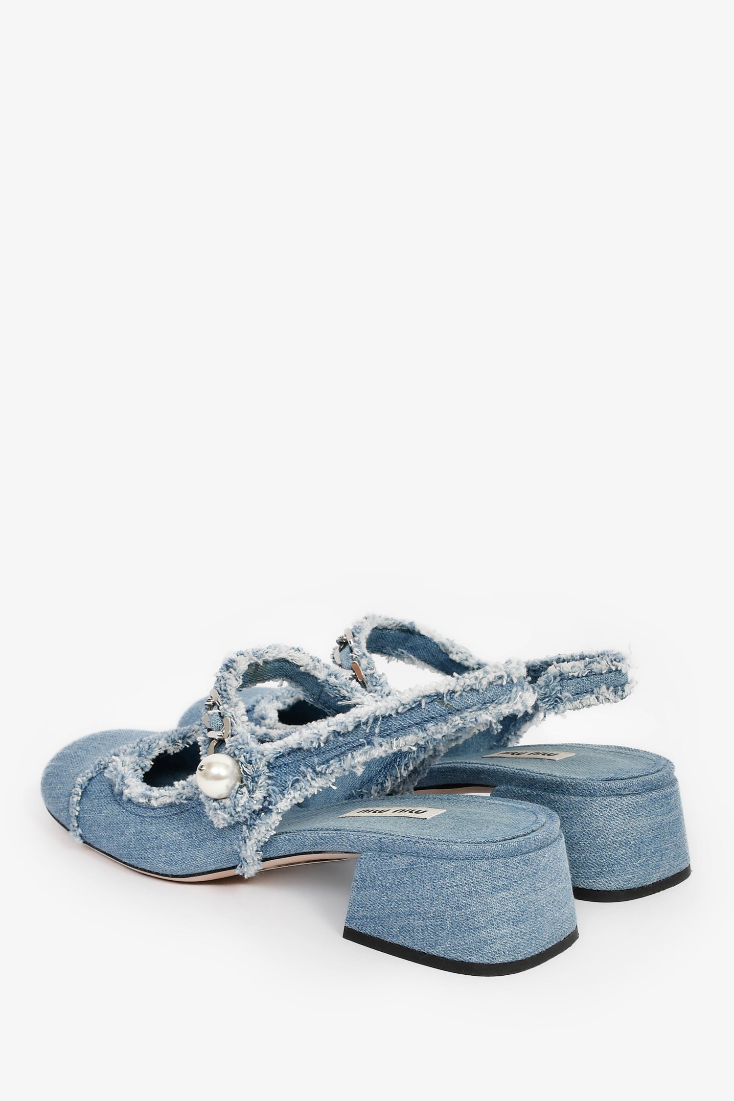 Miu Miu Blue Denim Frayed Chain Pearl Detail Slingback Pumps Size 37