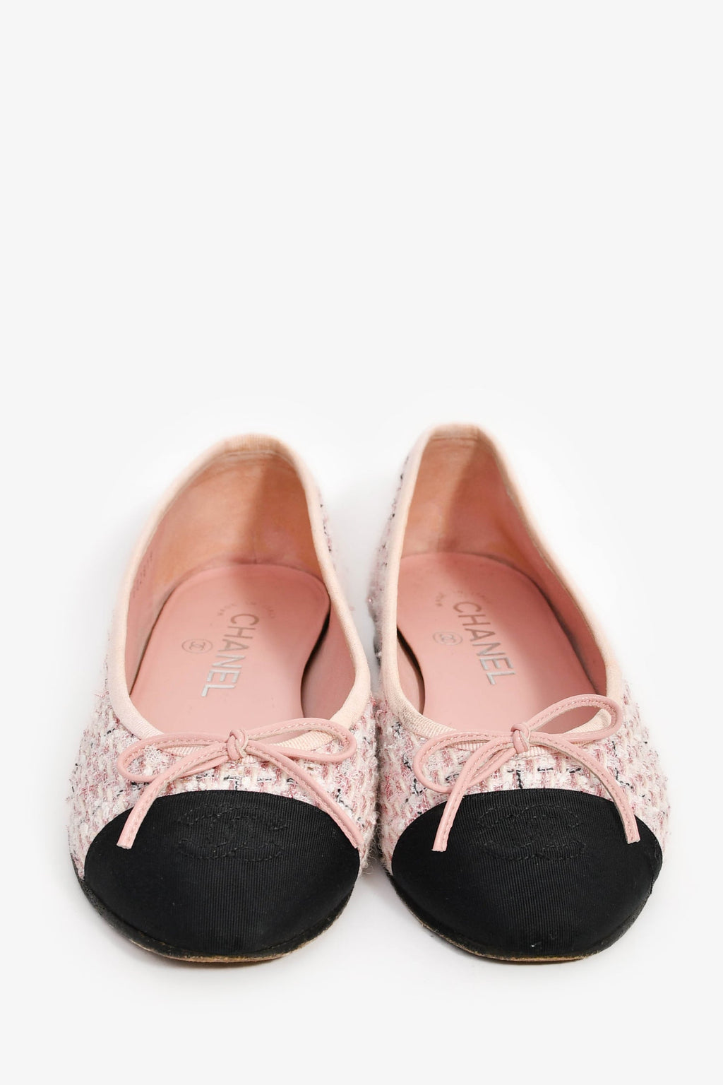 Pre-Loved Chanel™ Pink/Black Tweed CC Cap Toe Ballet Flats Size 36.5