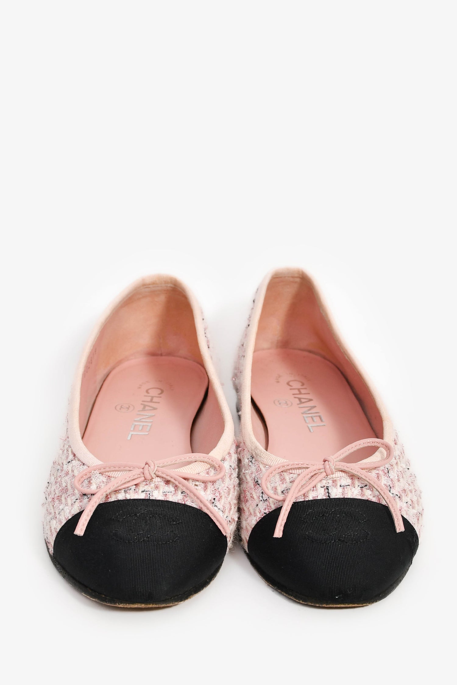 Pre-Loved Chanel™ Pink/Black Tweed CC Cap Toe Ballet Flats Size 36.5