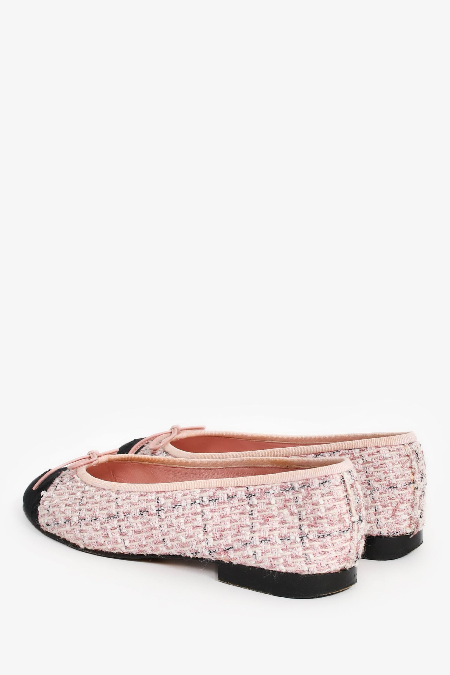 Pre-Loved Chanel™ Pink/Black Tweed CC Cap Toe Ballet Flats Size 36.5