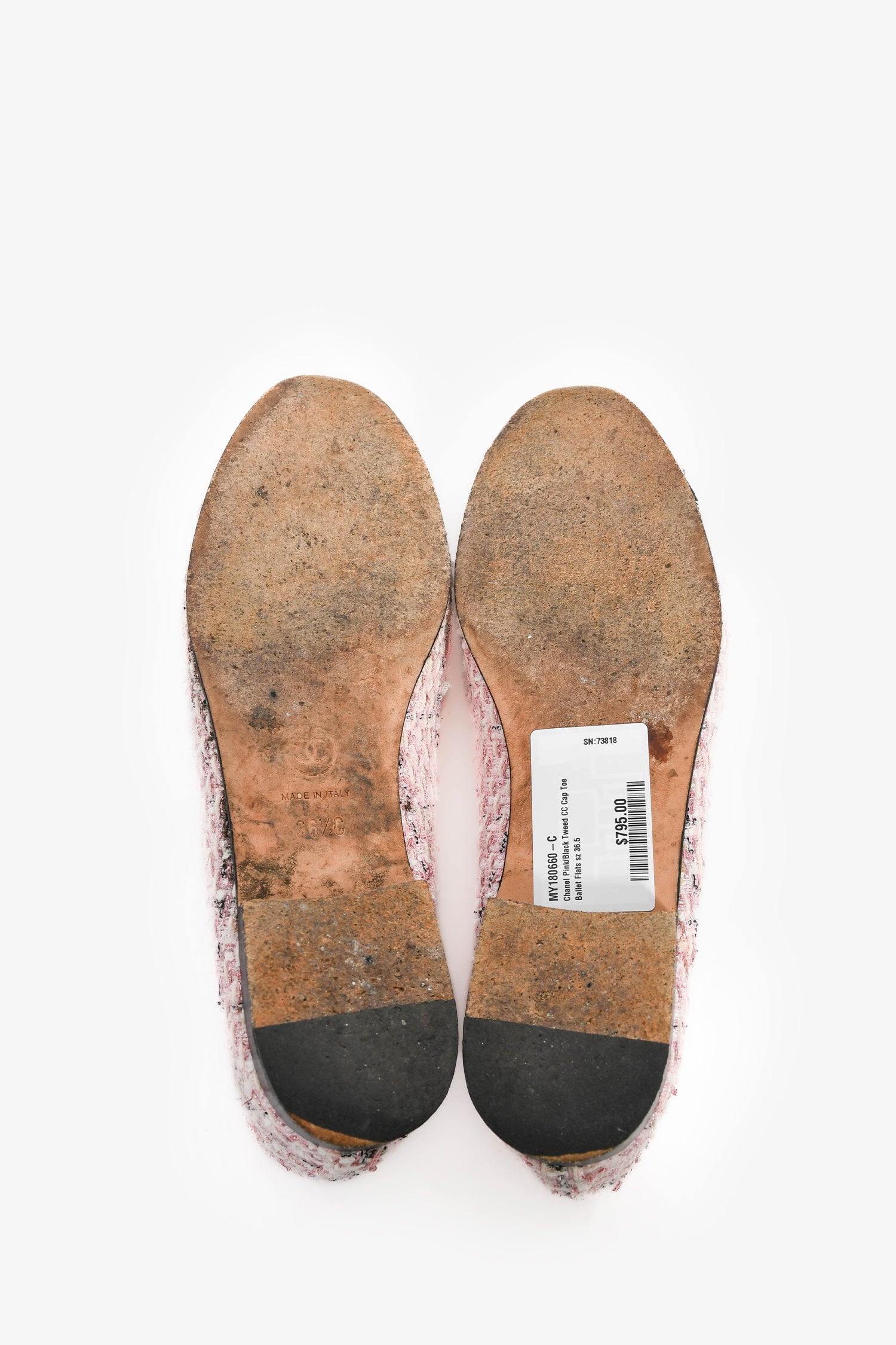 Pre-Loved Chanel™ Pink/Black Tweed CC Cap Toe Ballet Flats Size 36.5