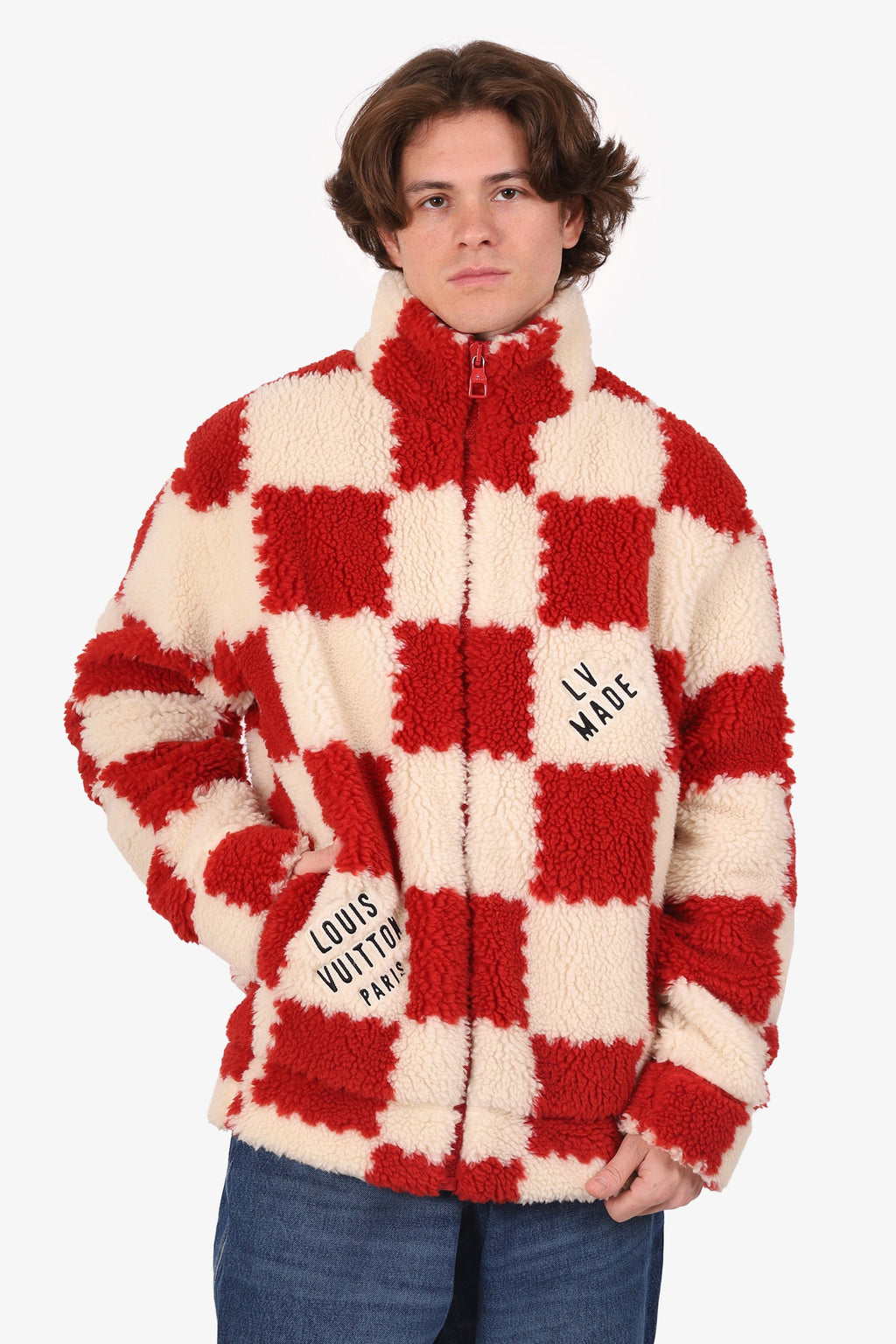 Louis Vuitton x Nigo 2022 Cream/Brick Red Checkered Fleece Zip-Up Jacket Size L Mens