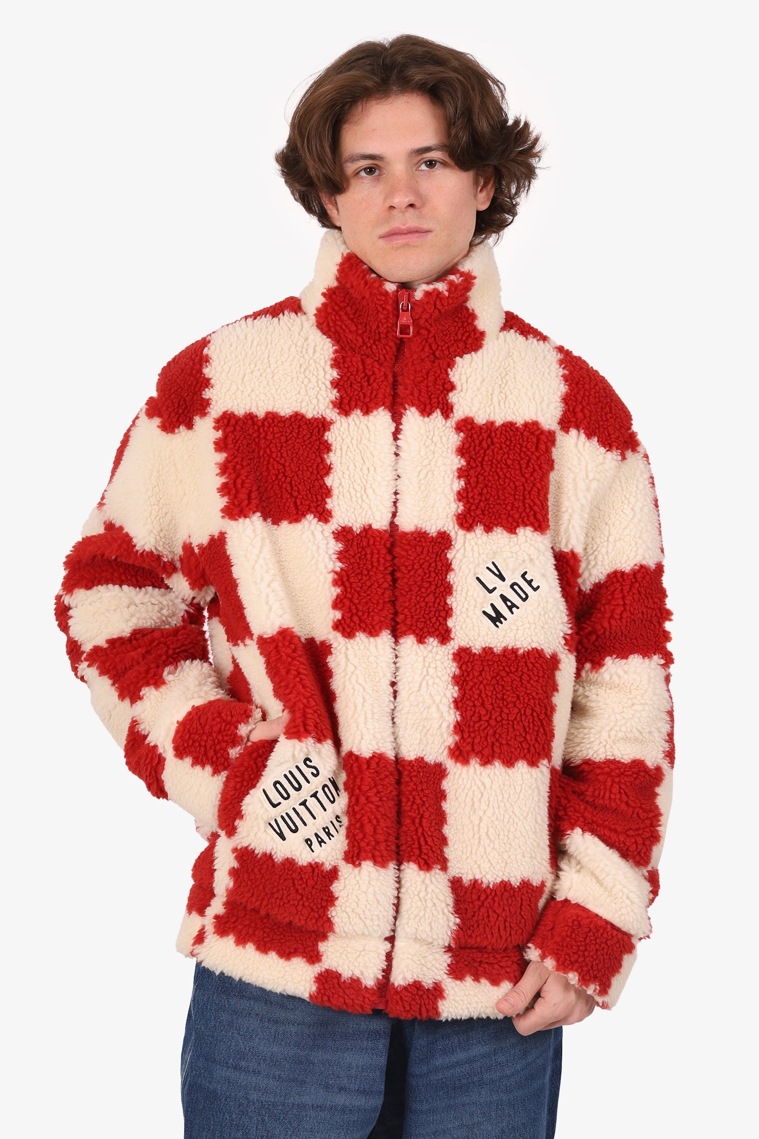 Louis Vuitton x Nigo 2022 Cream/Brick Red Checkered Fleece Zip-Up Jacket Size L Mens