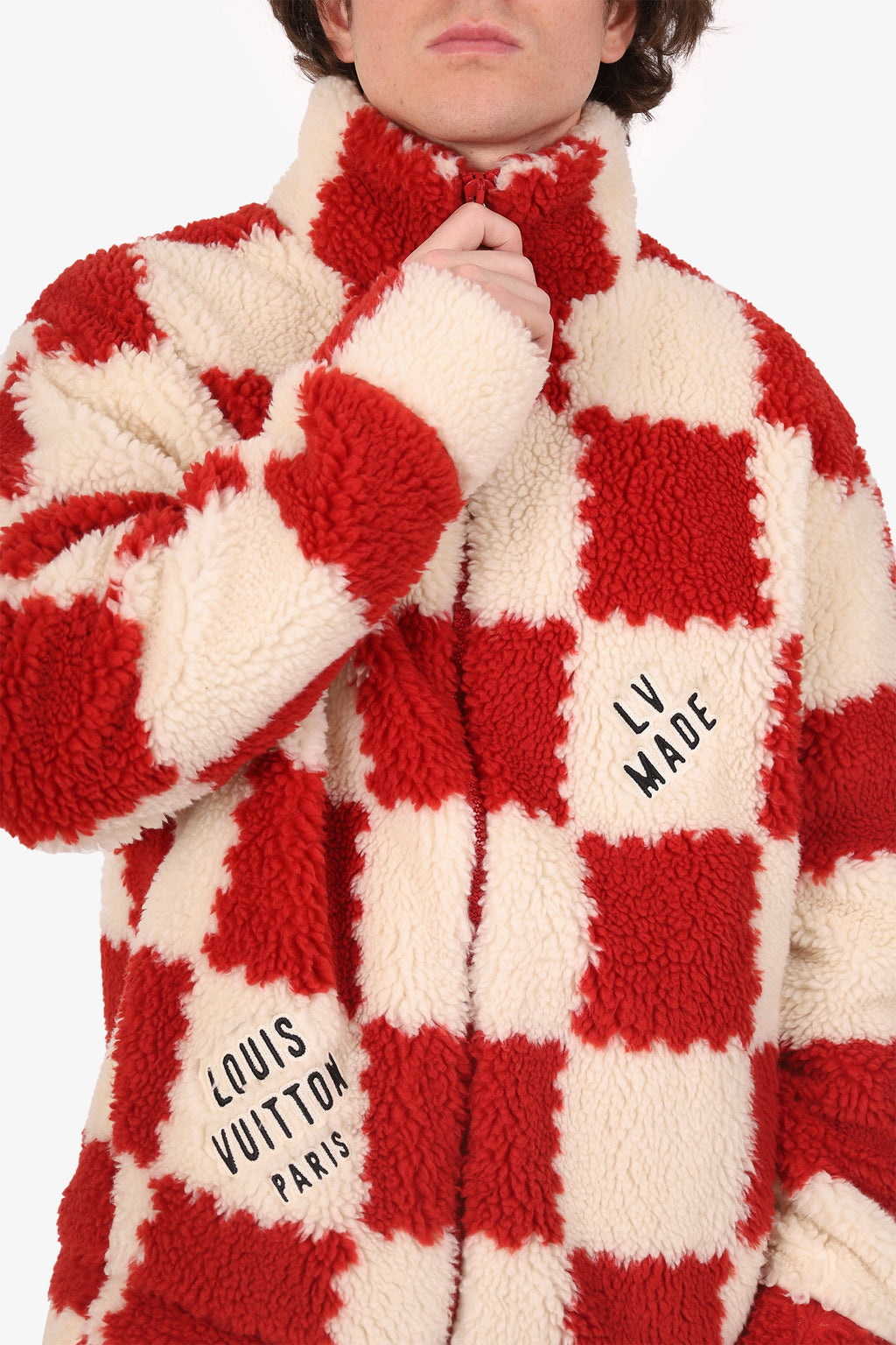 Louis Vuitton x Nigo 2022 Cream/Brick Red Checkered Fleece Zip-Up Jacket Size L Mens