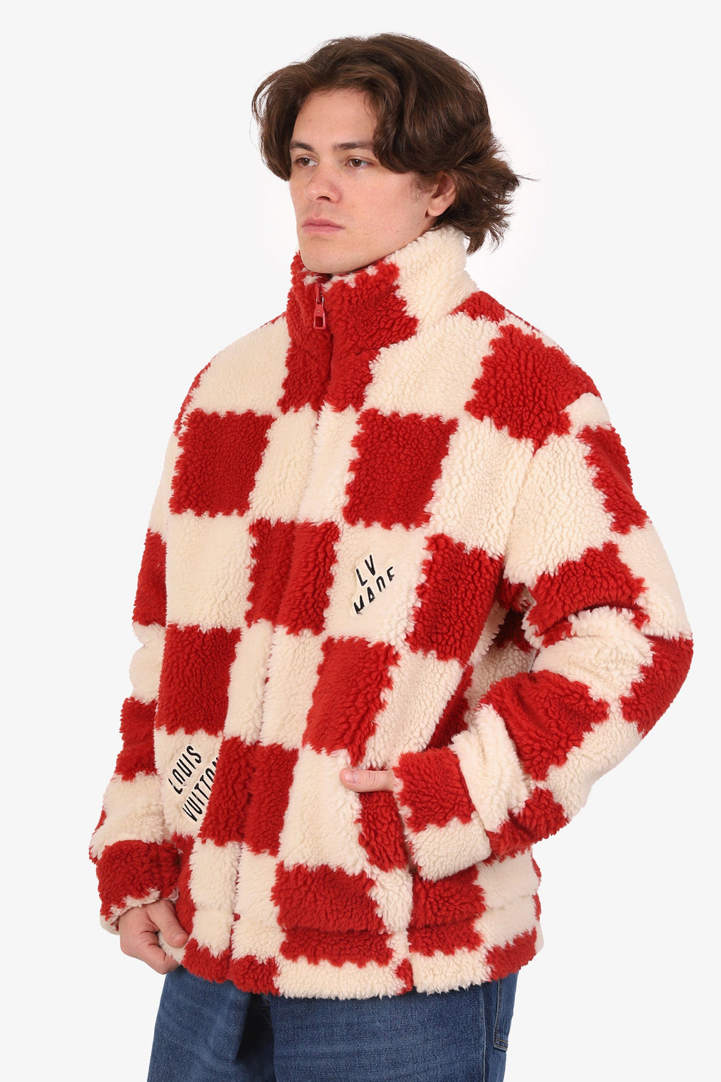 Louis Vuitton x Nigo 2022 Cream/Brick Red Checkered Fleece Zip-Up Jacket Size L Mens