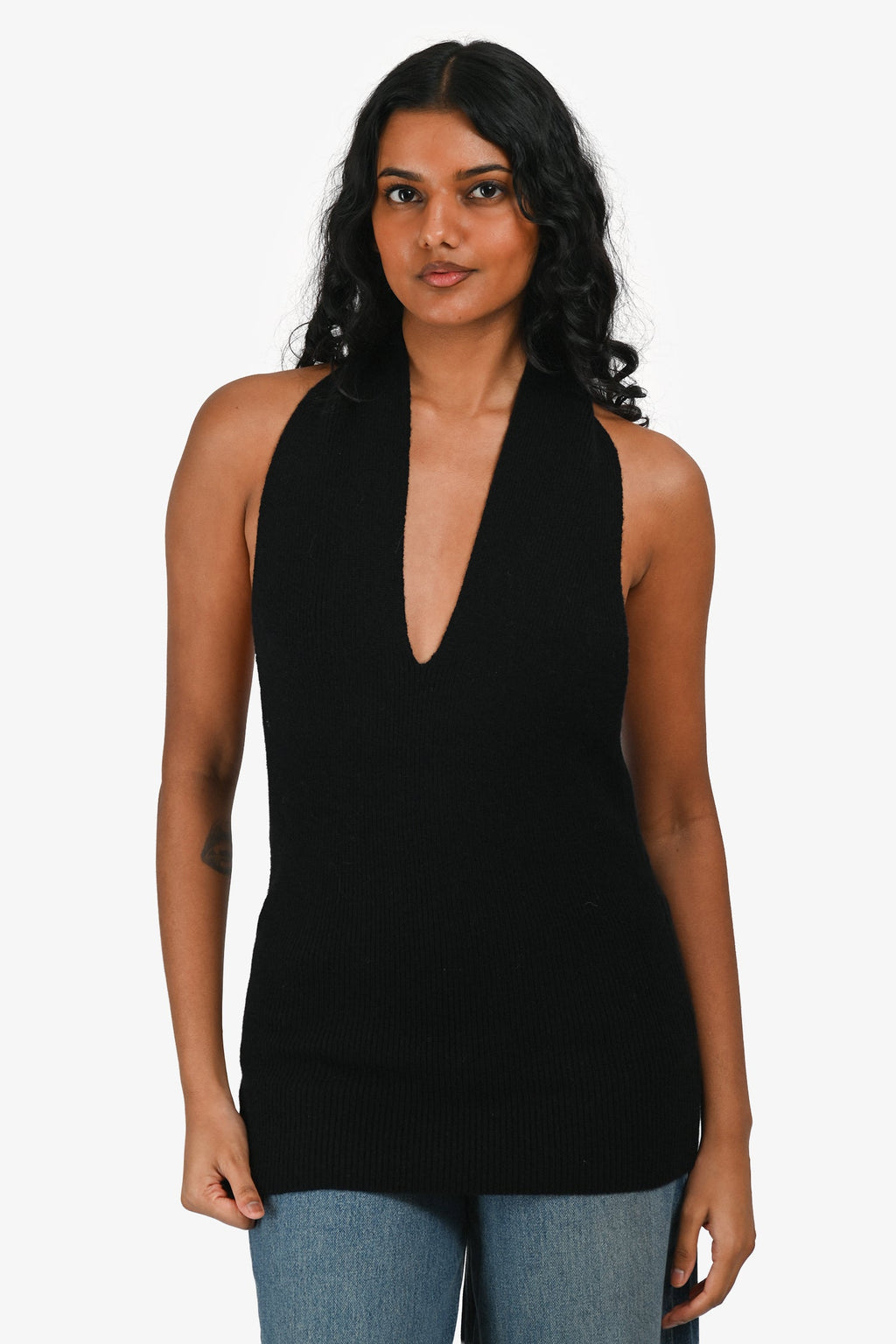 Almada Label Black Merino Wool/Cashmere Ribbed Halter Neck Top Size L