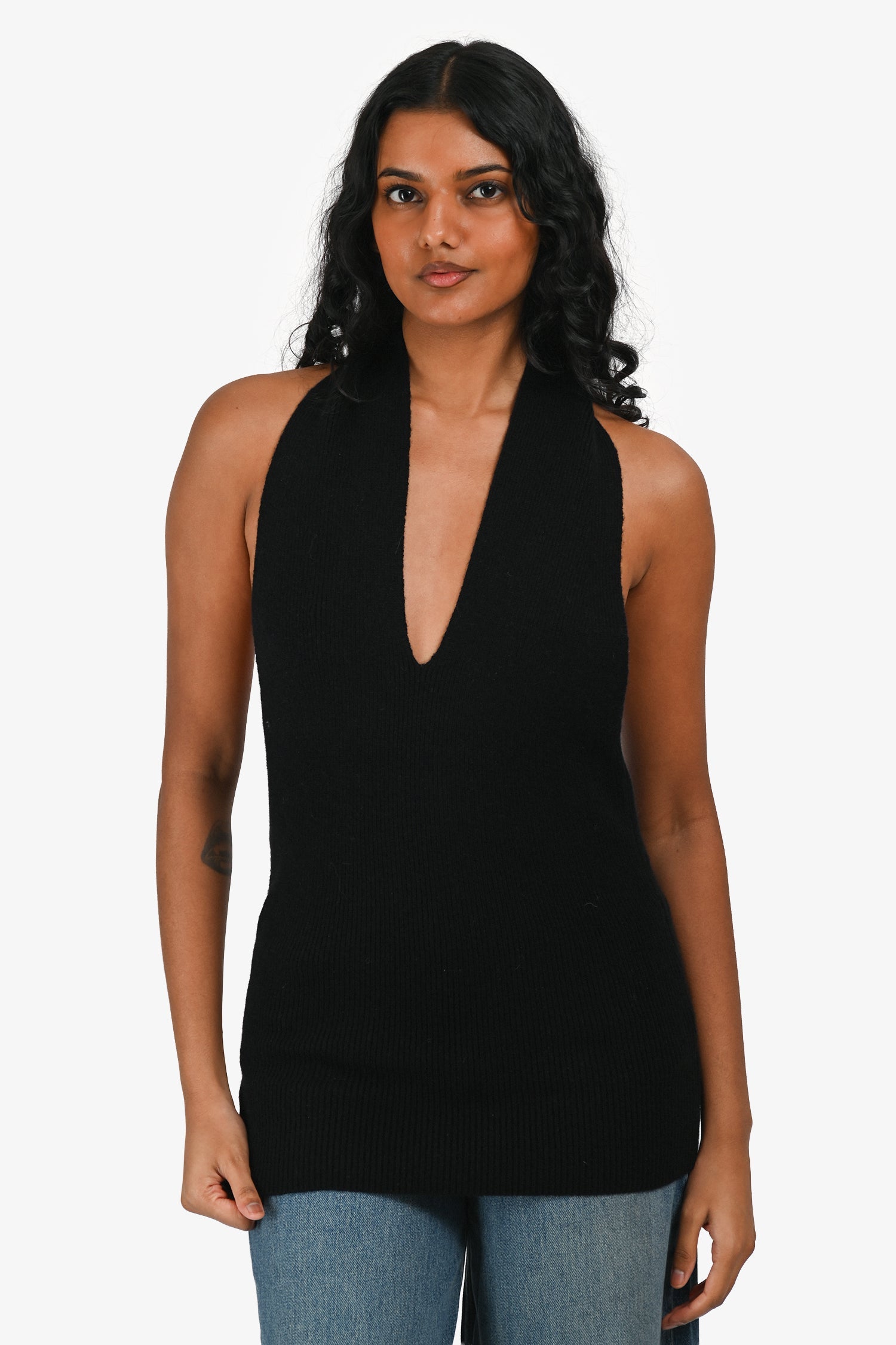 Almada Label Black Merino Wool/Cashmere Ribbed Halter Neck Top Size L