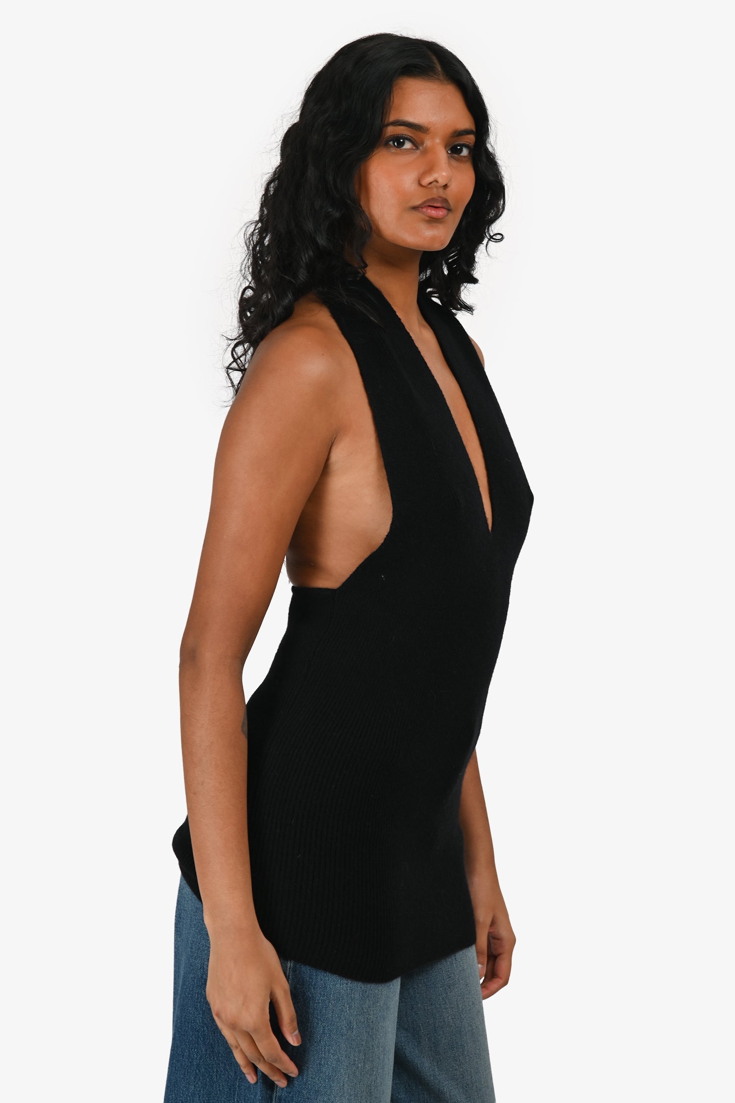 Almada Label Black Merino Wool/Cashmere Ribbed Halter Neck Top Size L