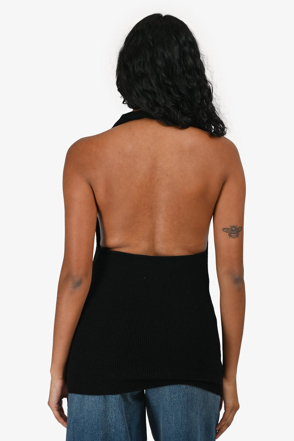 Almada Label Black Merino Wool/Cashmere Ribbed Halter Neck Top Size L