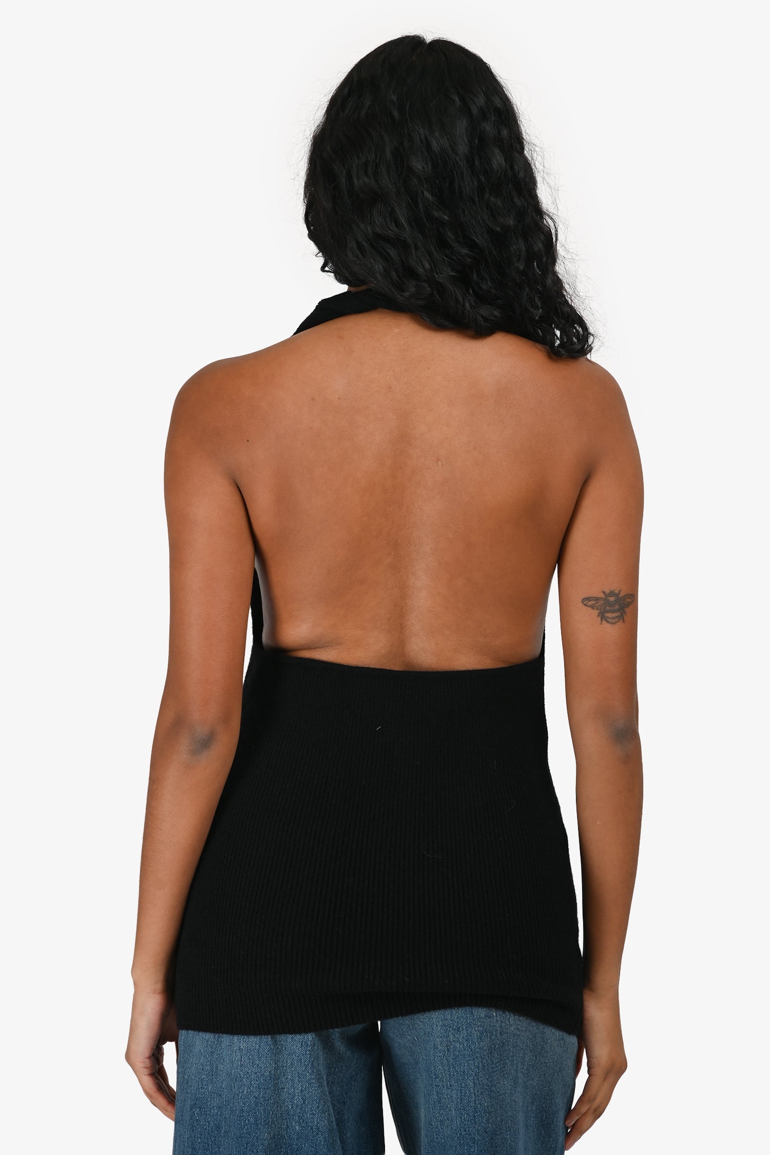 Almada Label Black Merino Wool/Cashmere Ribbed Halter Neck Top Size L