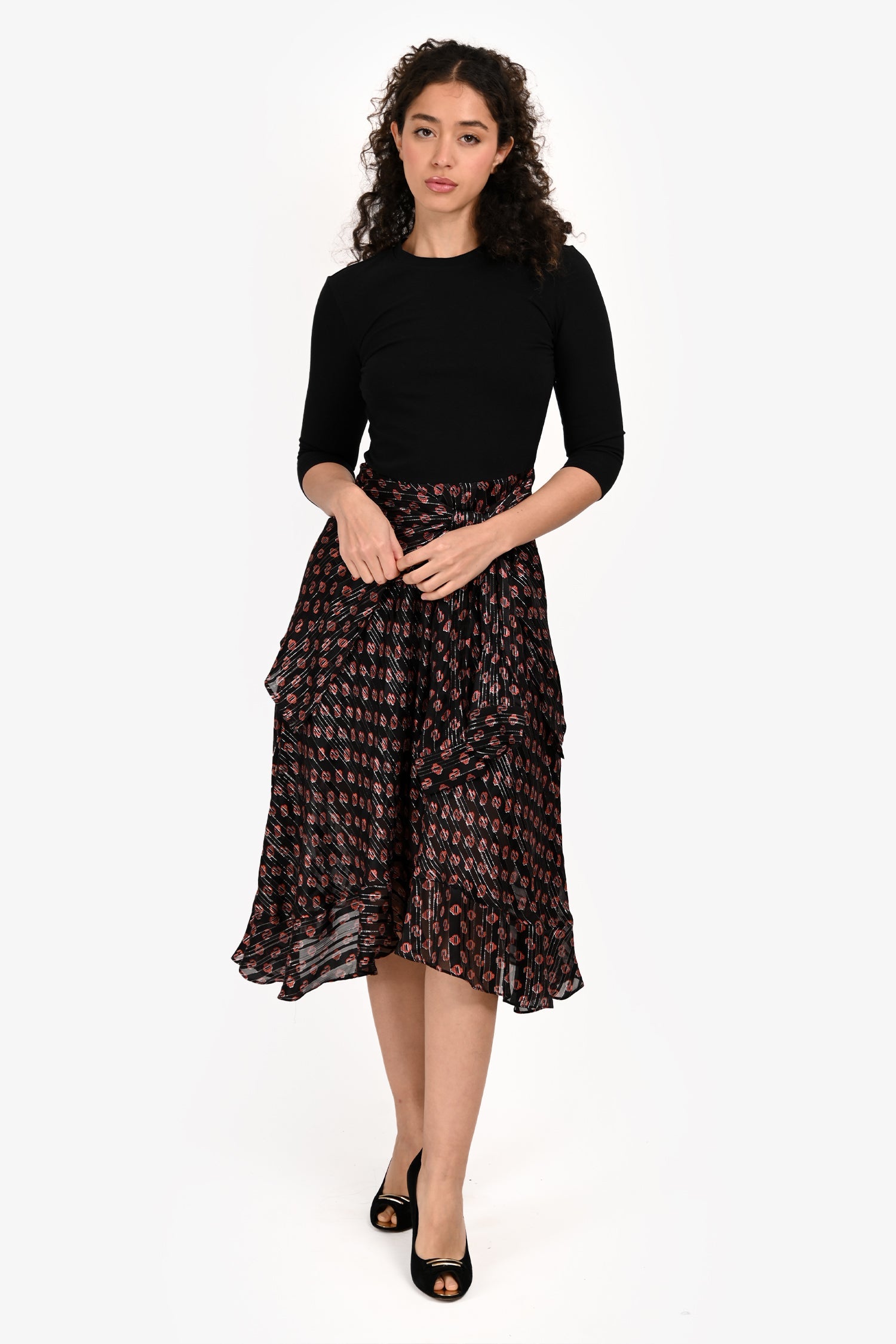 Maje Black Silk/Cotton Quarter Sleeve Patterned Tie Midi Dress Size 38