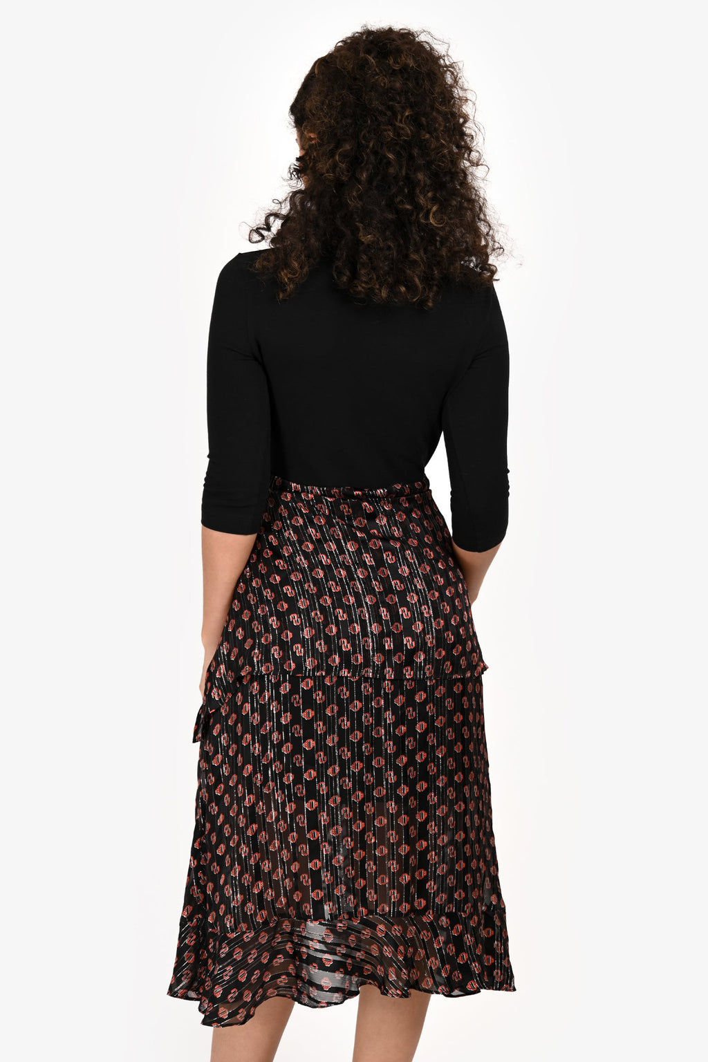 Maje Black Silk/Cotton Quarter Sleeve Patterned Tie Midi Dress Size 38