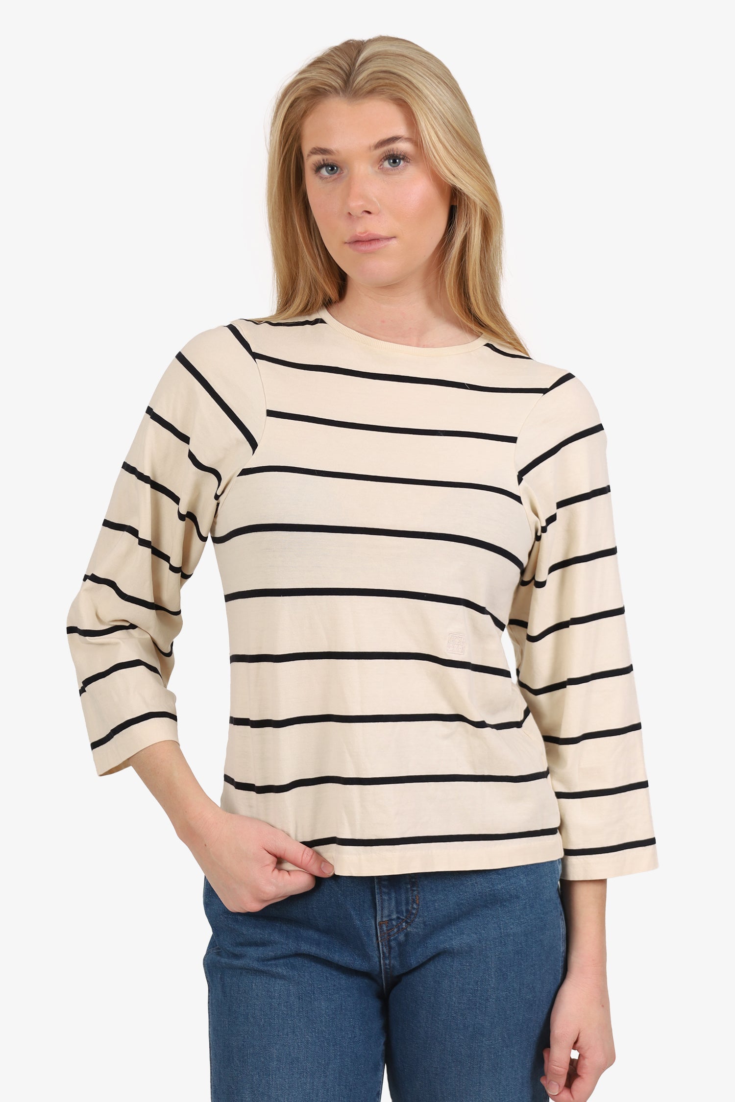 Toteme White/Black Striped Logo Embroidery Long Sleeve Top Size S
