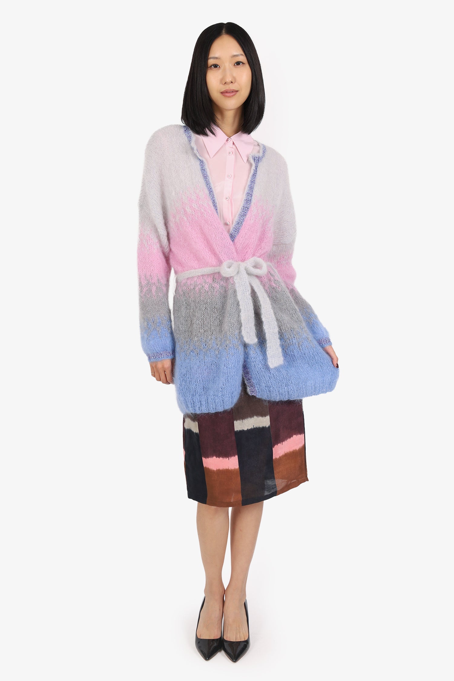 Rose Carmine Pastel Mohair Embellished Belted igan Size S