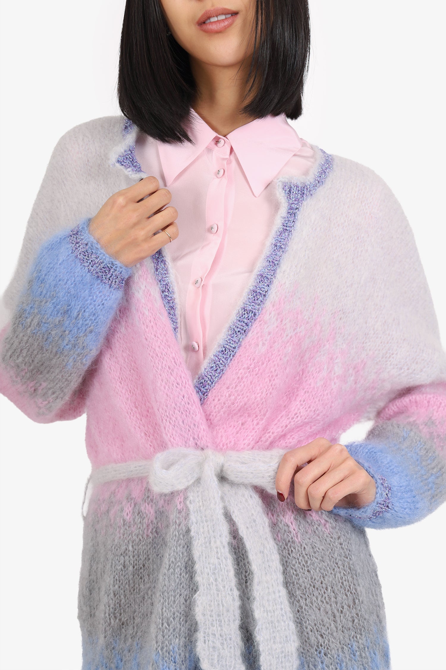 Rose Carmine Pastel Mohair Embellished Belted igan Size S