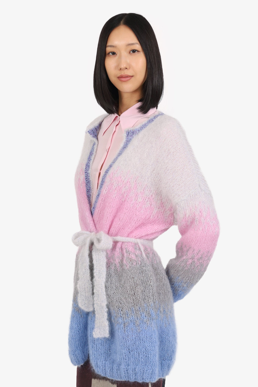 Rose Carmine Pastel Mohair Embellished Belted igan Size S