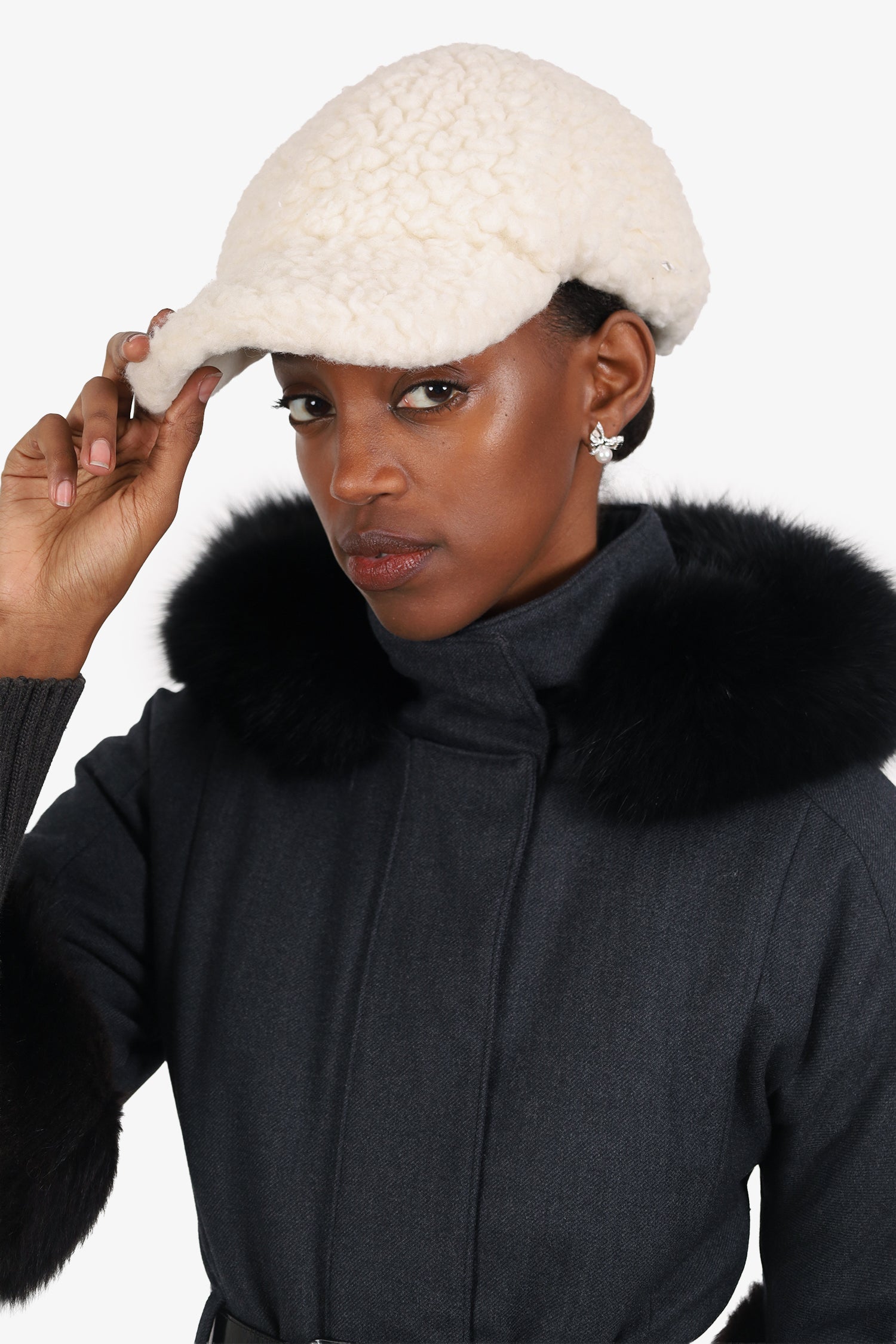 Prada White Wool Teddy Baseball Cap Size L