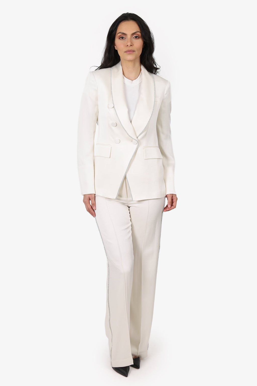 Veronica Beard White Satin Embellished Trim Single Breasted Blazer + Pants Size 2/4