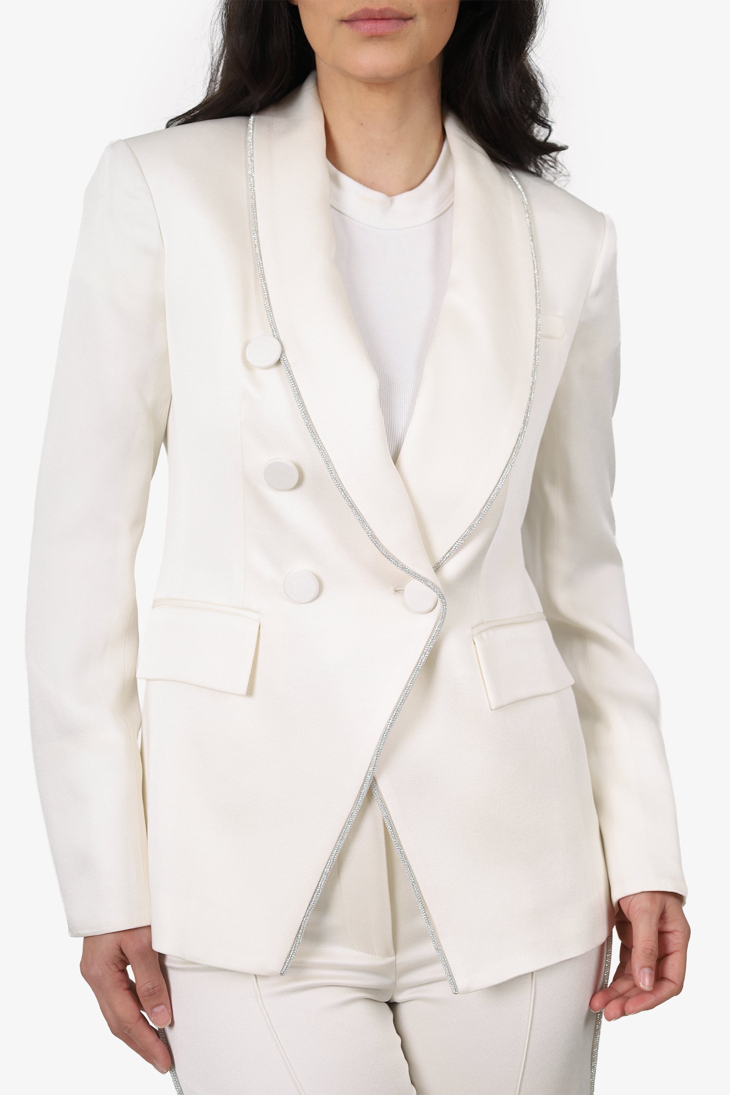 Veronica Beard White Satin Embellished Trim Single Breasted Blazer + Pants Size 2/4