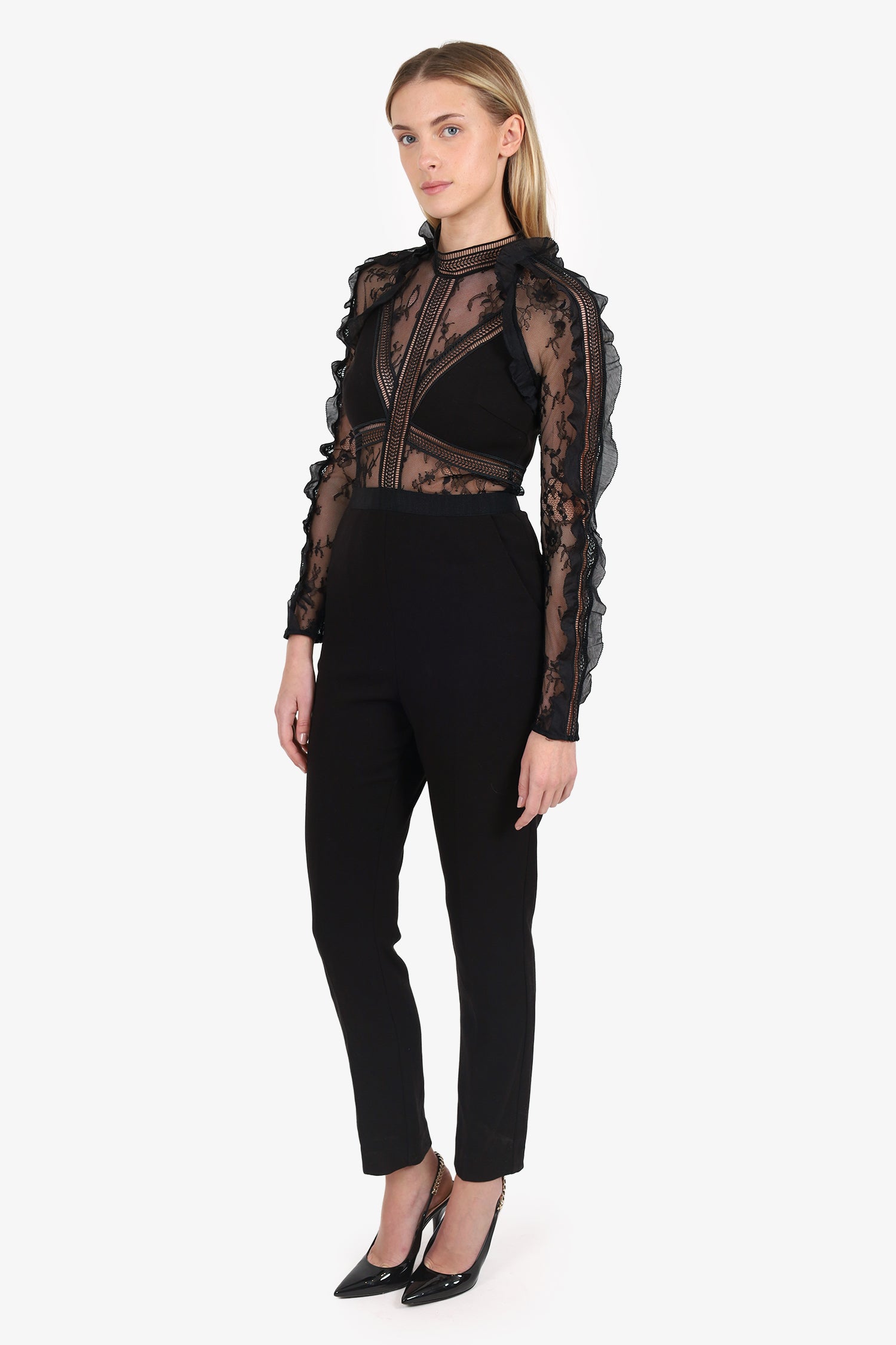 Self-Portrait Black Lace Long Sleeve Mock Neck Ruffle Detail Jumpsuit Size 6