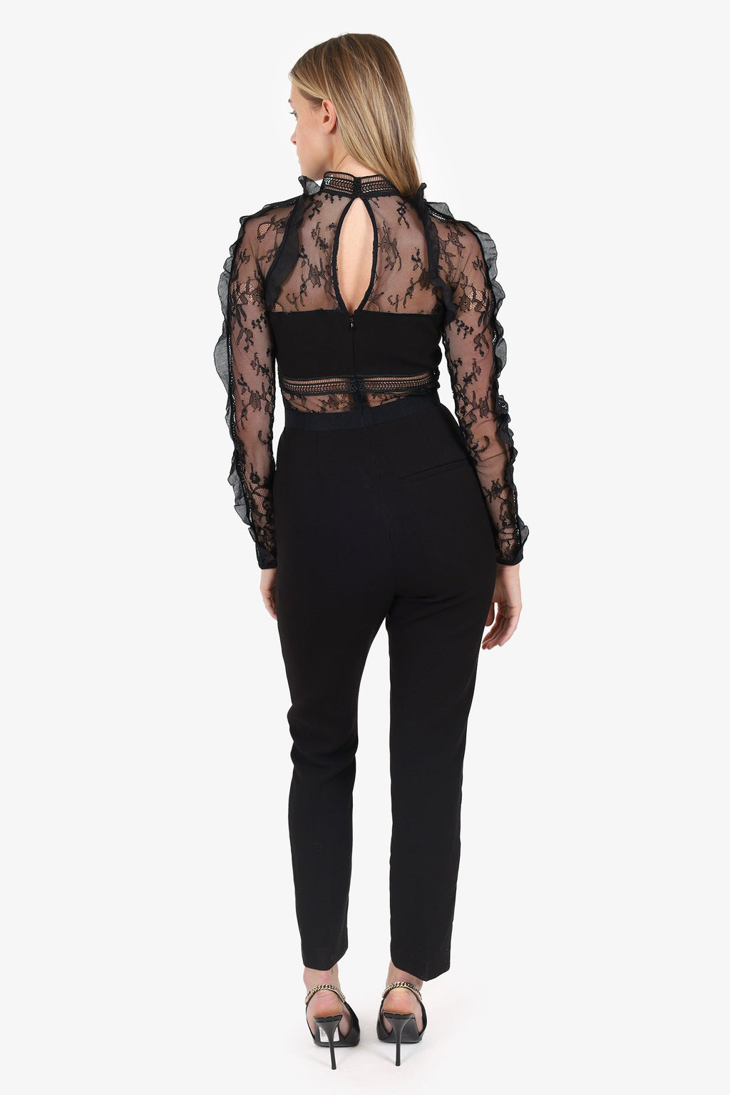 Self-Portrait Black Lace Long Sleeve Mock Neck Ruffle Detail Jumpsuit Size 6