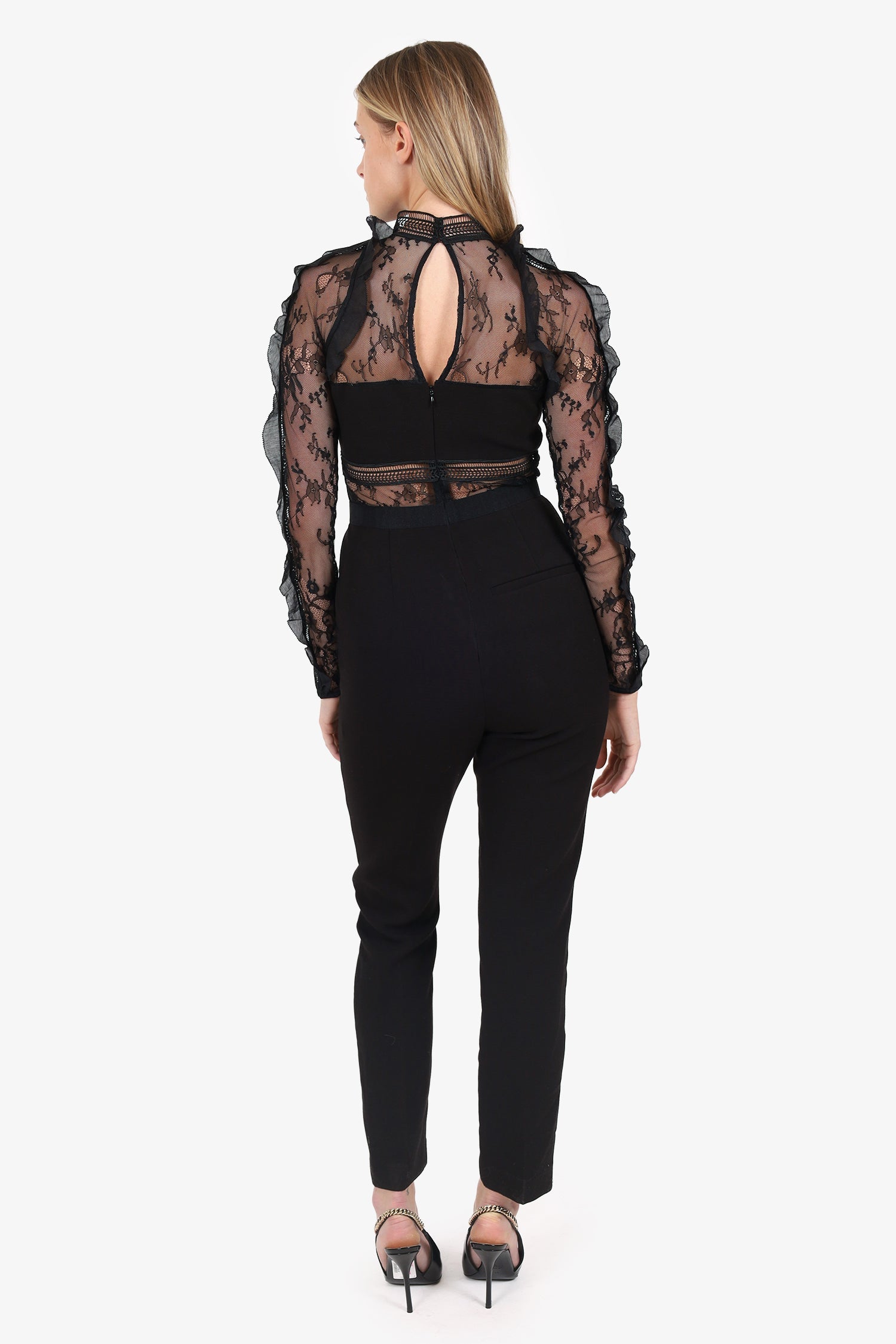 Self-Portrait Black Lace Long Sleeve Mock Neck Ruffle Detail Jumpsuit Size 6