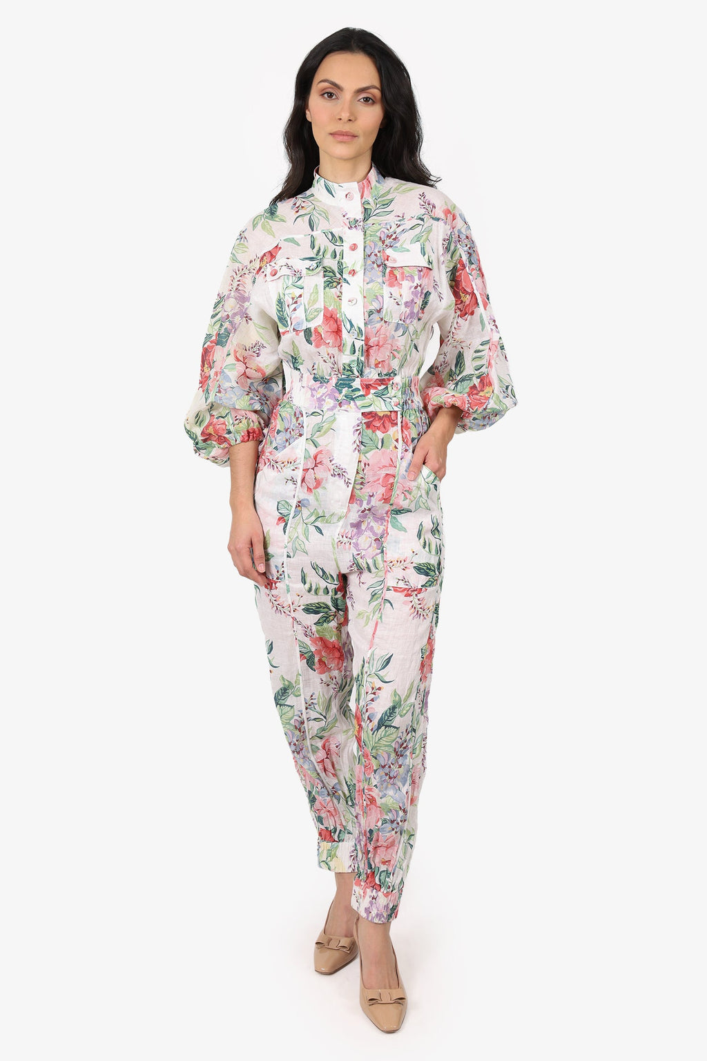 Zimmermann Cream/Pink Linen Floral Print Jumpsuit Size 1