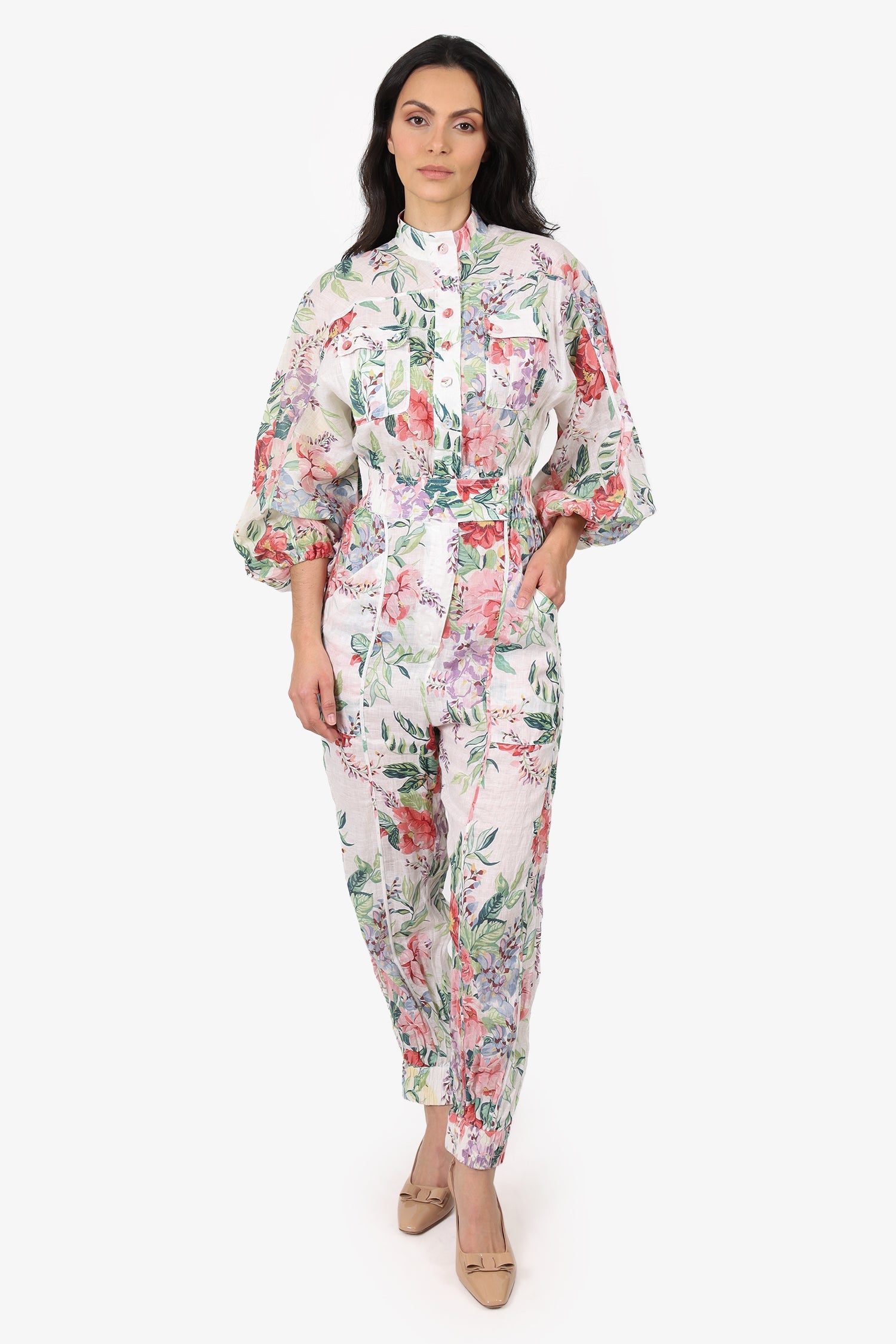 Zimmermann Cream/Pink Linen Floral Print Jumpsuit Size 1
