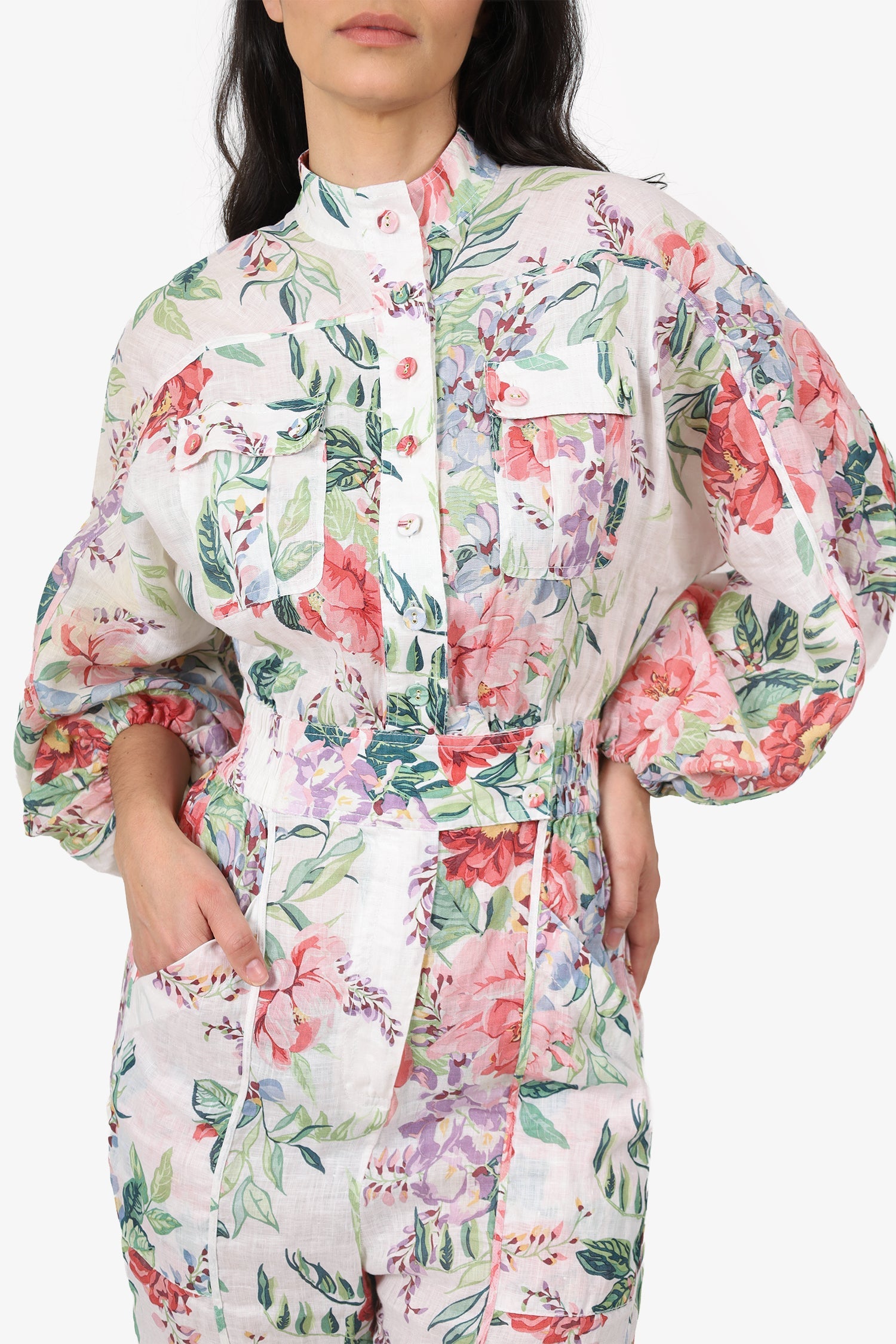 Zimmermann Cream/Pink Linen Floral Print Jumpsuit Size 1