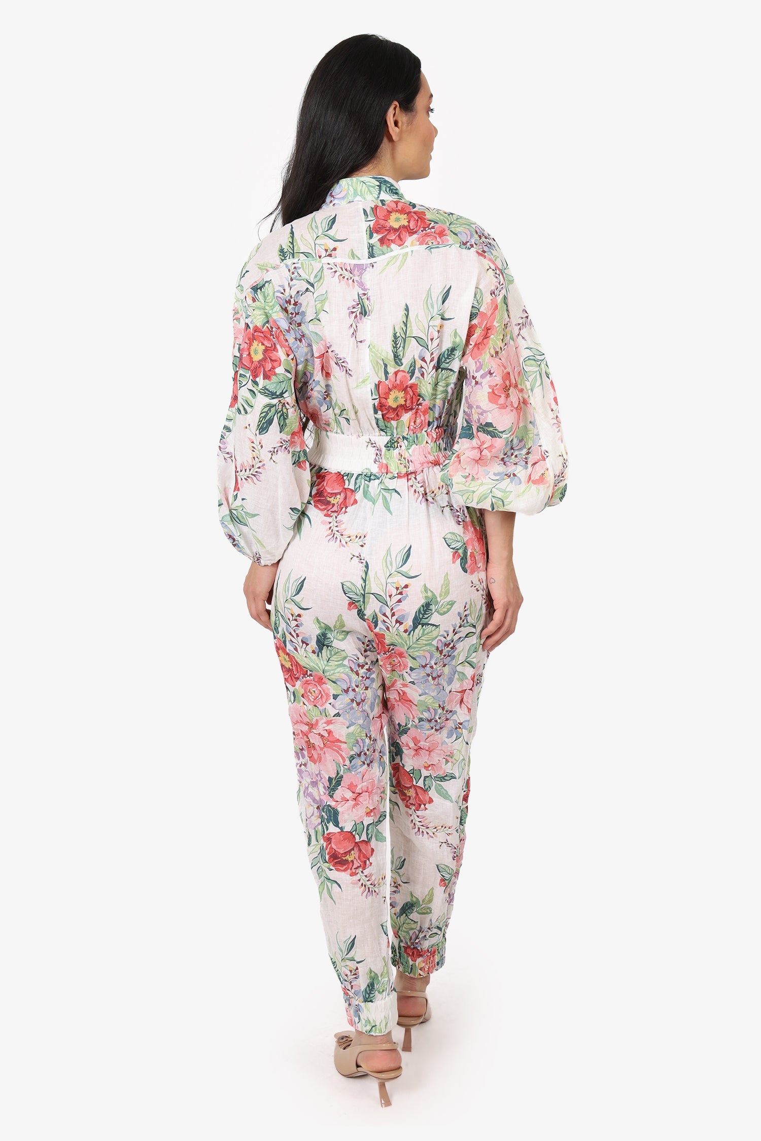 Zimmermann Cream/Pink Linen Floral Print Jumpsuit Size 1