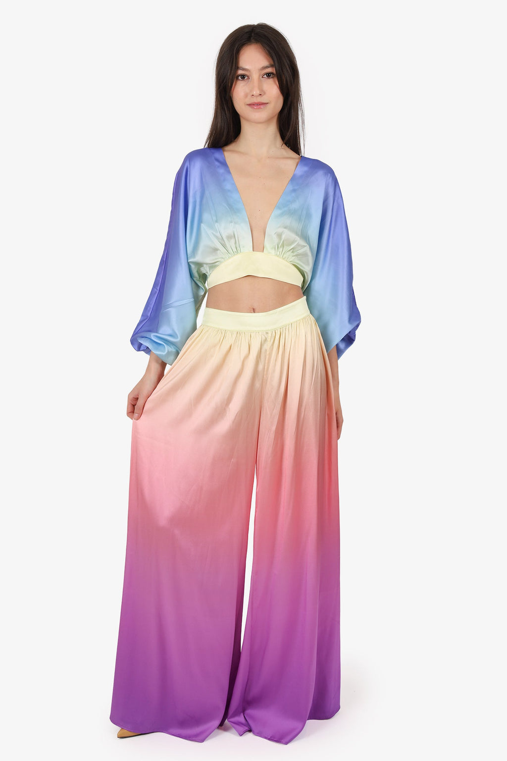 Retrofete Multicolour Silk V-Neck Long Sleeve Cropped Top + Wide Leg Pants Size S