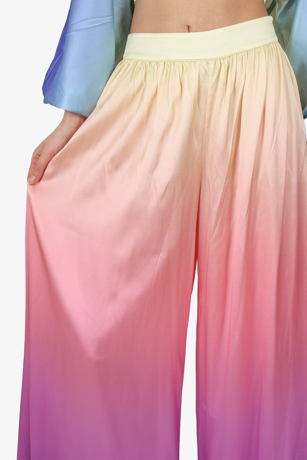 Retrofete Multicolour Silk V-Neck Long Sleeve Cropped Top + Wide Leg Pants Size S