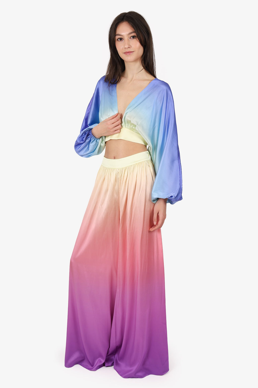 Retrofete Multicolour Silk V-Neck Long Sleeve Cropped Top + Wide Leg Pants Size S