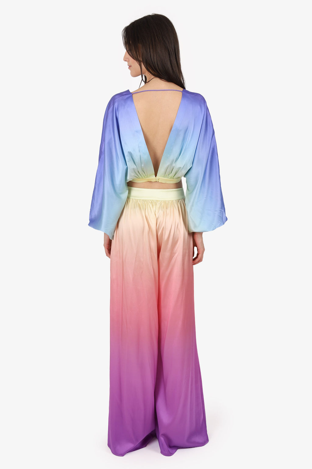 Retrofete Multicolour Silk V-Neck Long Sleeve Cropped Top + Wide Leg Pants Size S