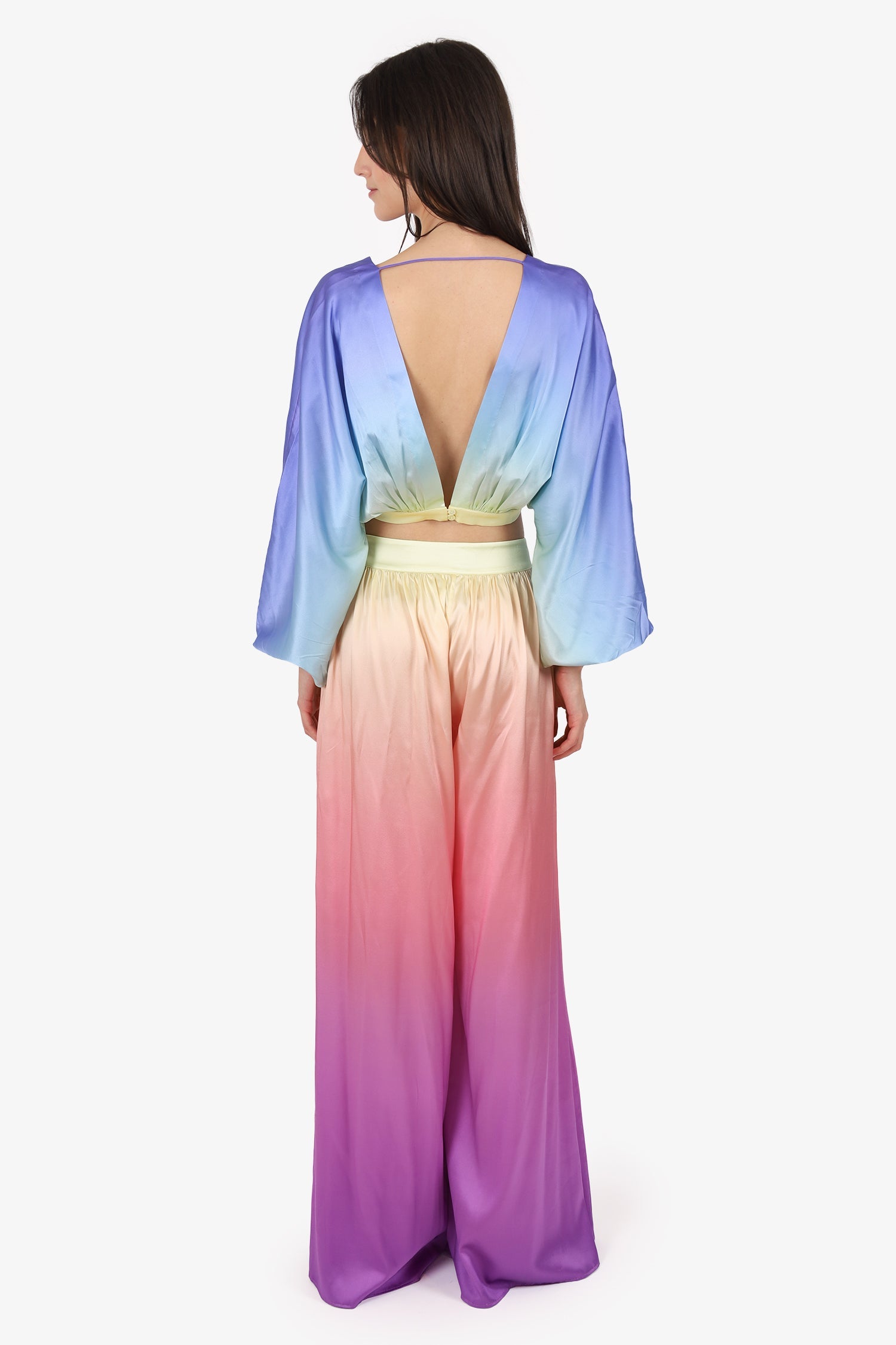 Retrofete Multicolour Silk V-Neck Long Sleeve Cropped Top + Wide Leg Pants Size S