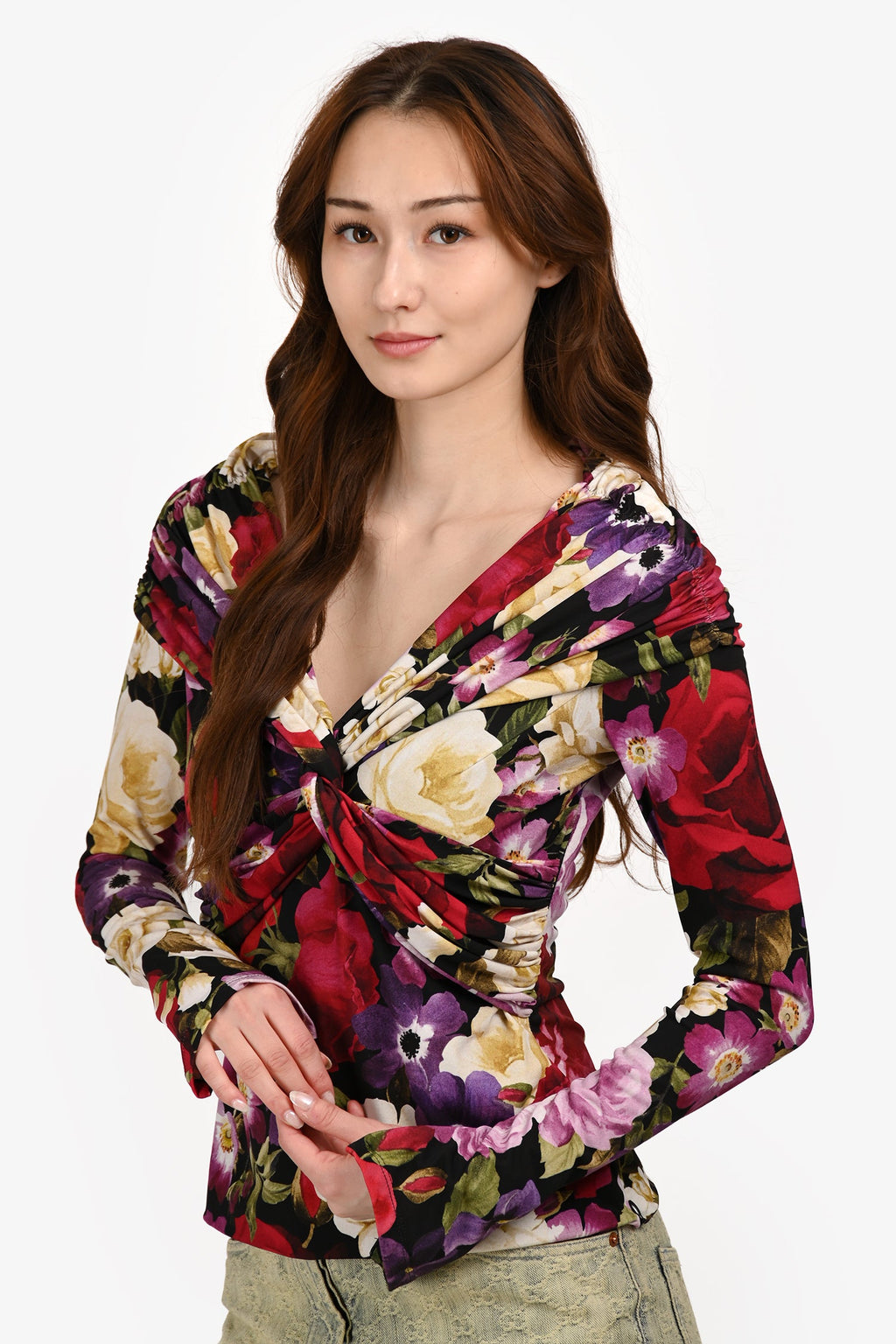 Blumarine Black/Multicolour Floral Print Off Shoulder Ruched Top Est. Size S