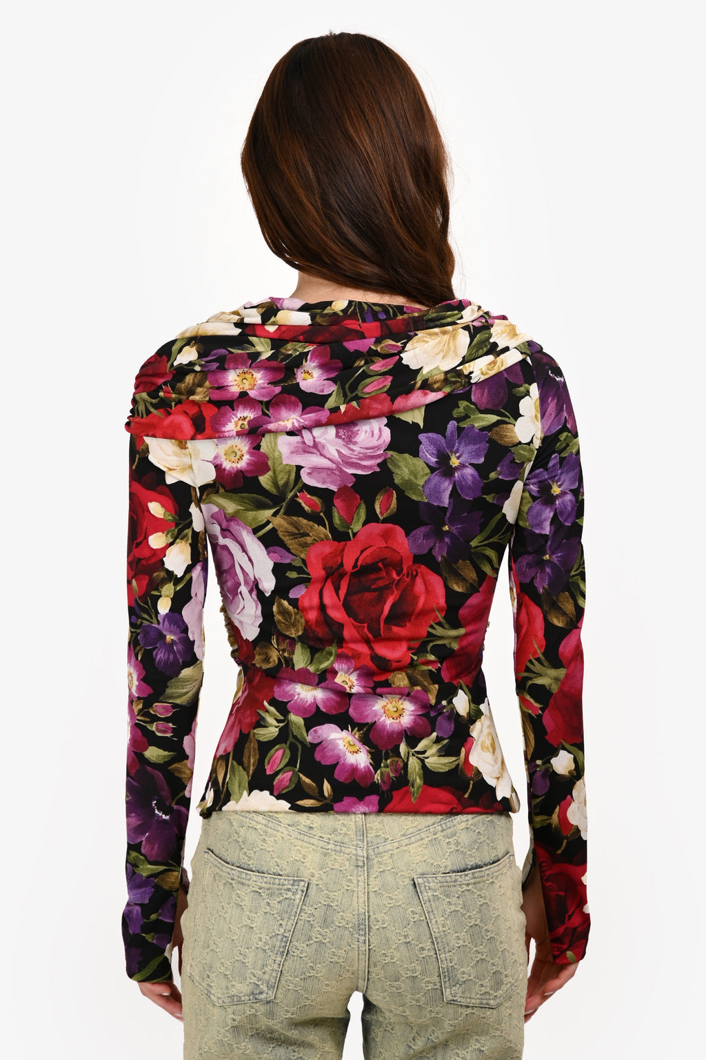 Blumarine Black/Multicolour Floral Print Off Shoulder Ruched Top Est. Size S