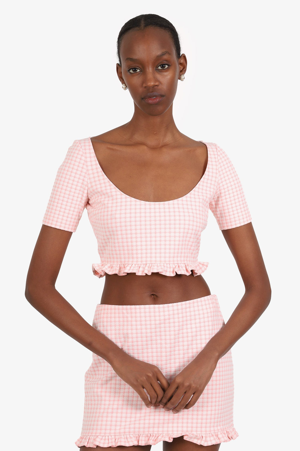 Miu Miu Pink Check Ruffled Cropped Top Size 40