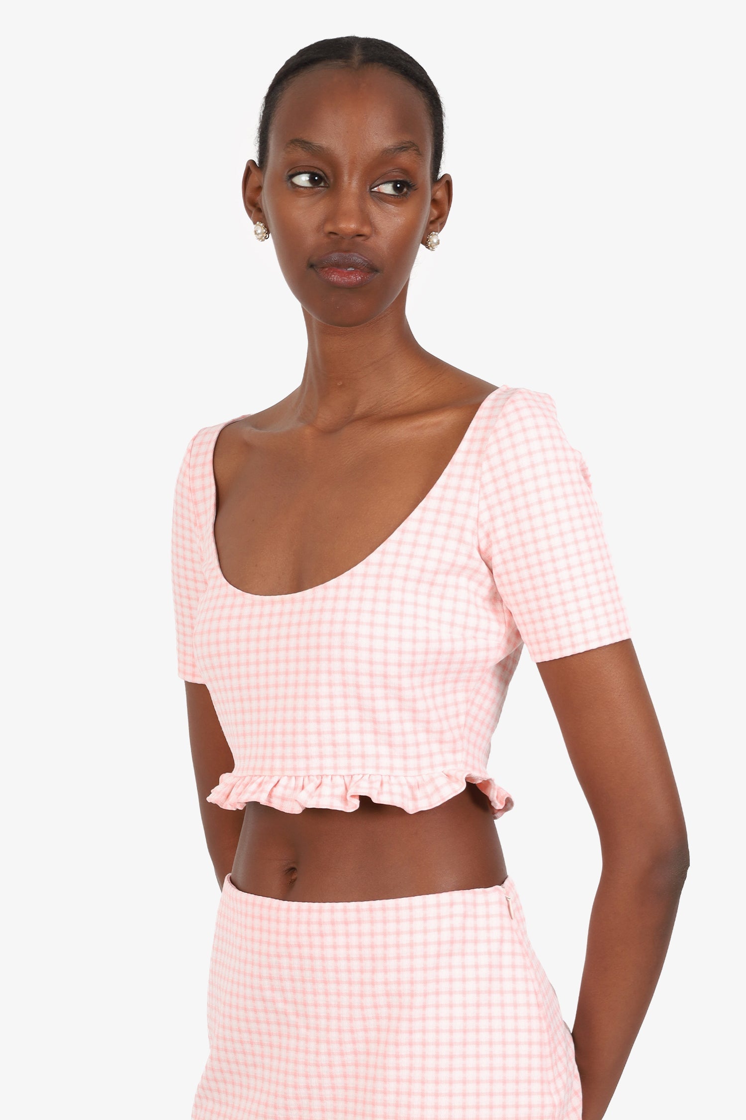 Miu Miu Pink Check Ruffled Cropped Top Size 40