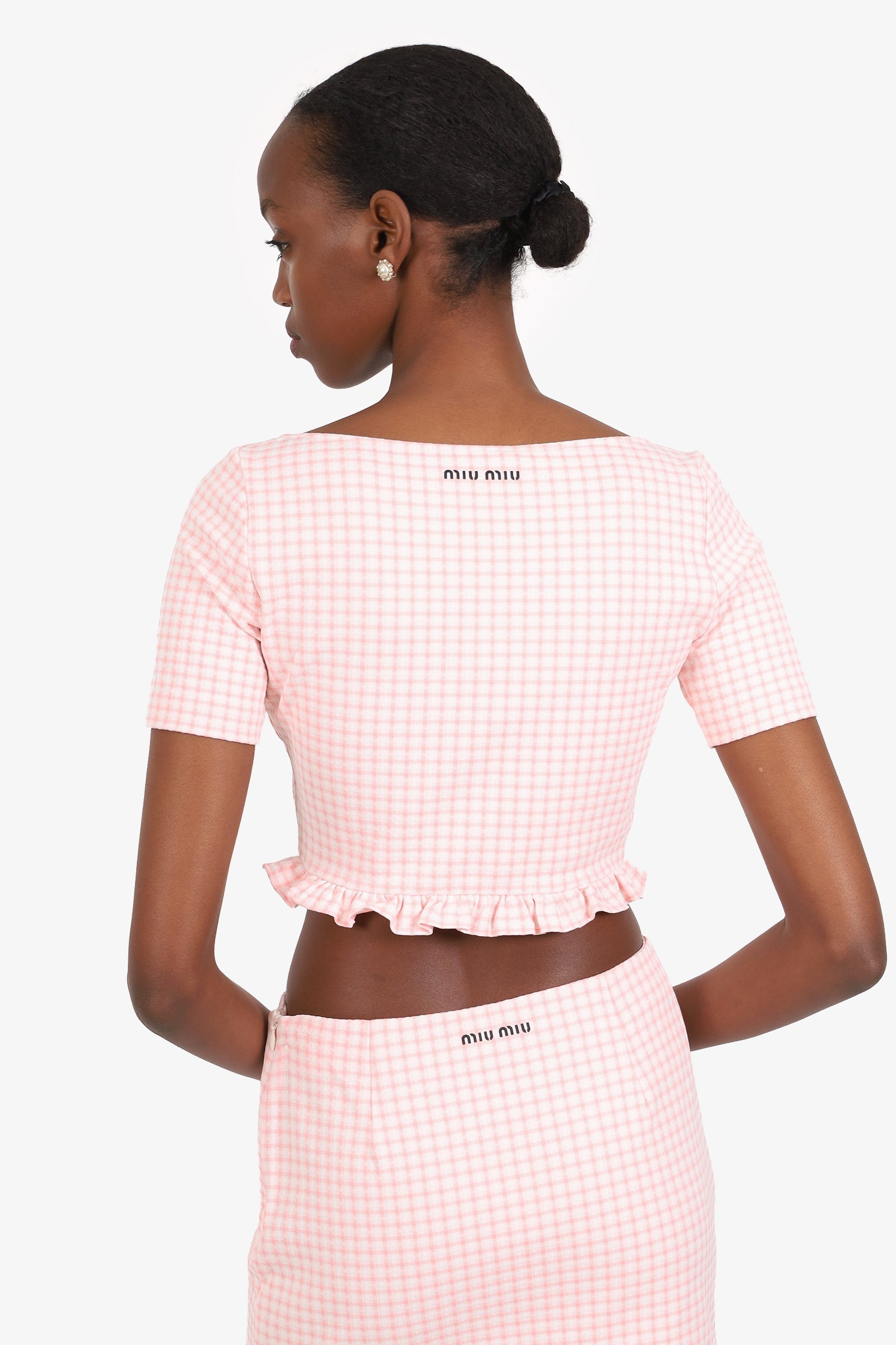 Miu Miu Pink Check Ruffled Cropped Top Size 40