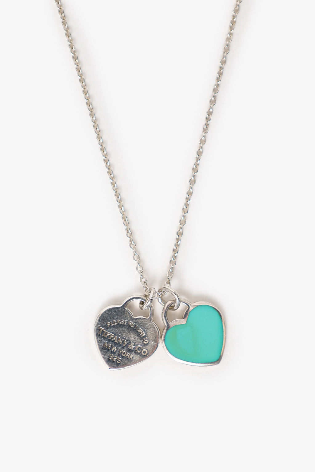 Tiffany & Co. Sterling Silver Blue Double Heart Tag Pendant Necklace