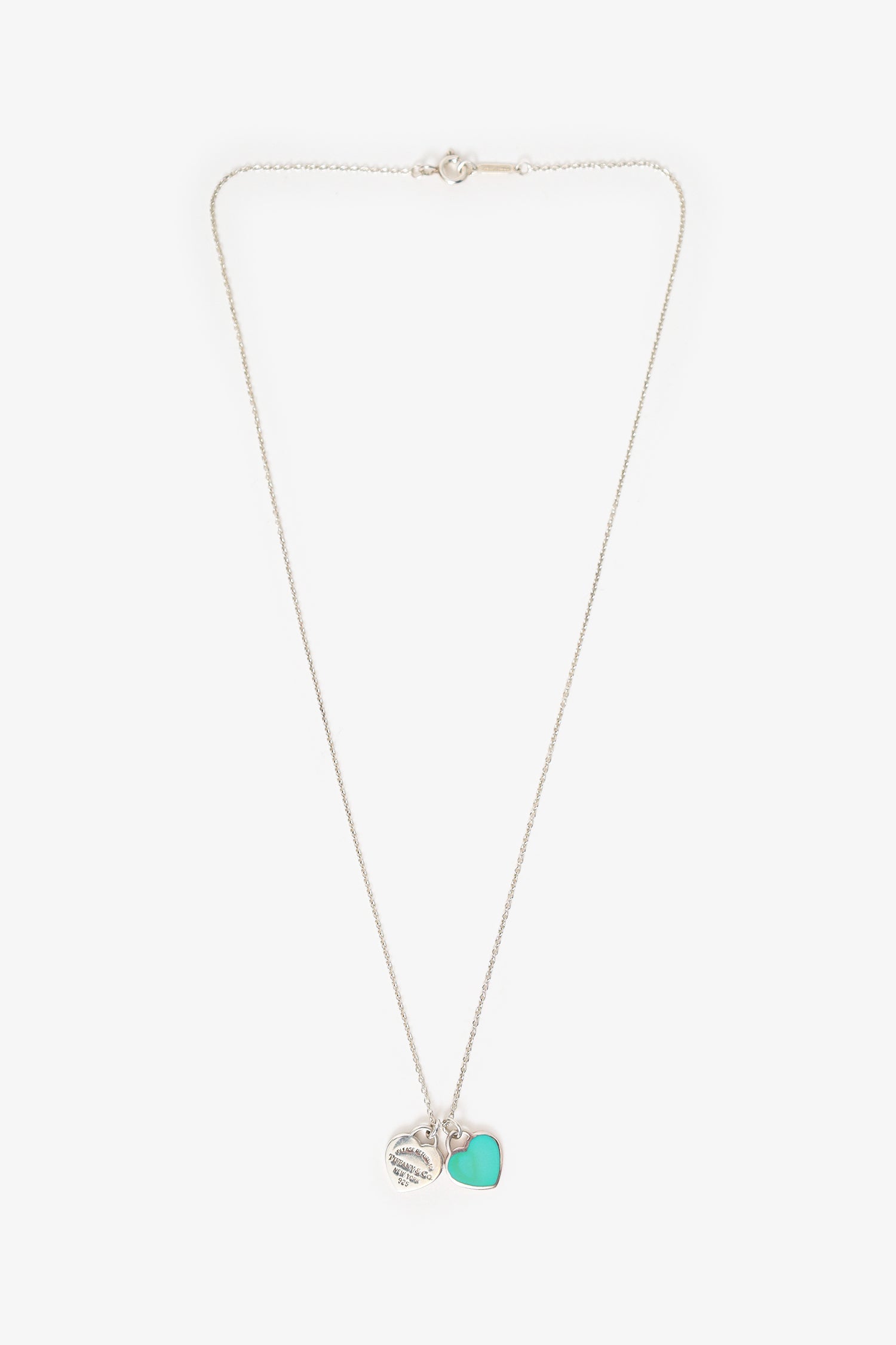 Tiffany & Co. Sterling Silver Blue Double Heart Tag Pendant Necklace