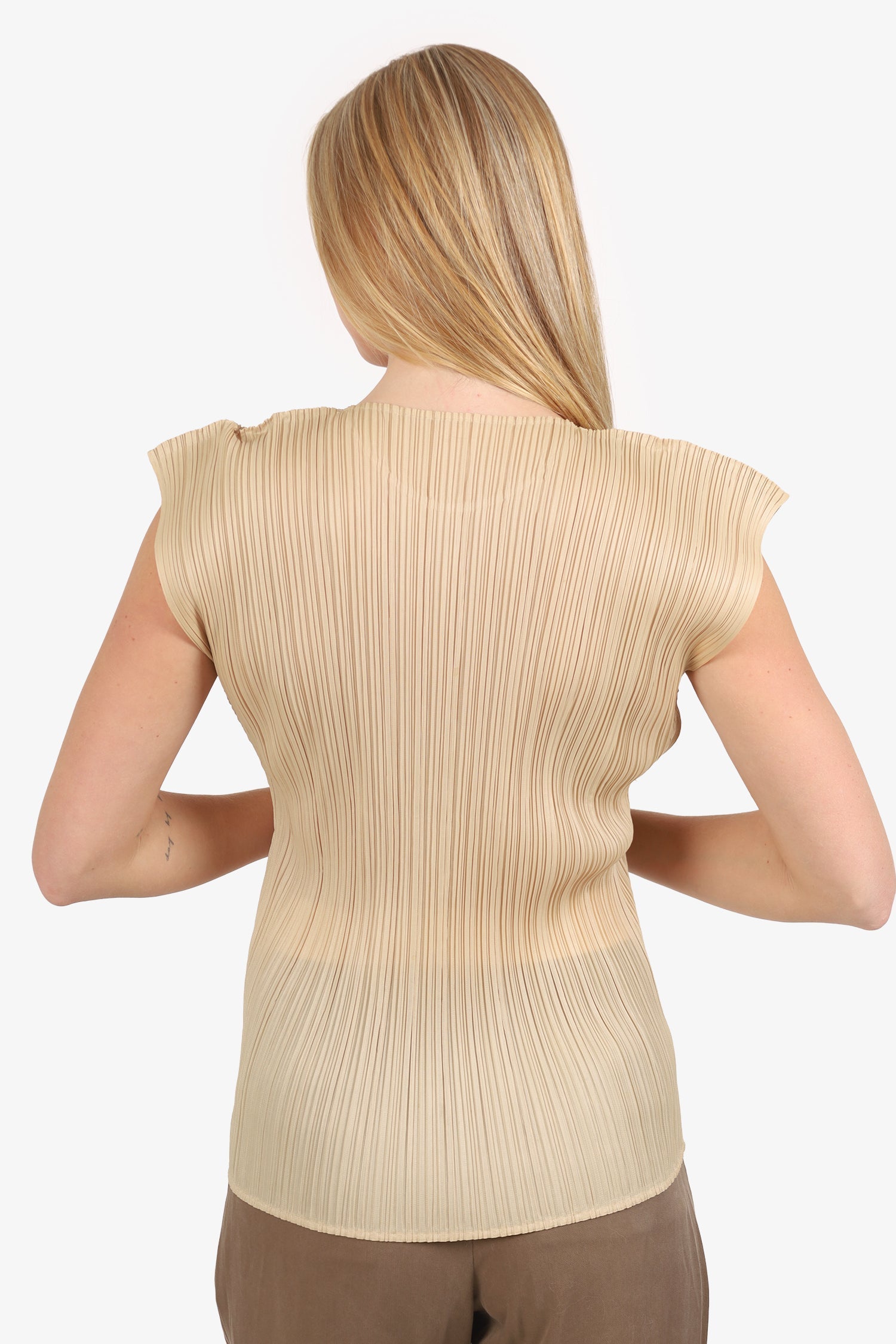 Pleats Please Issey Miyake Beige Pleated Sleeveless Top Size 3