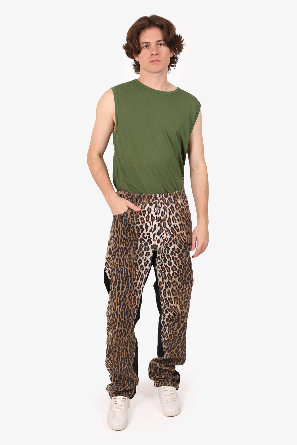 Versace Black Leopard Print Denim Straight Leg Jeans Size 40 Mens