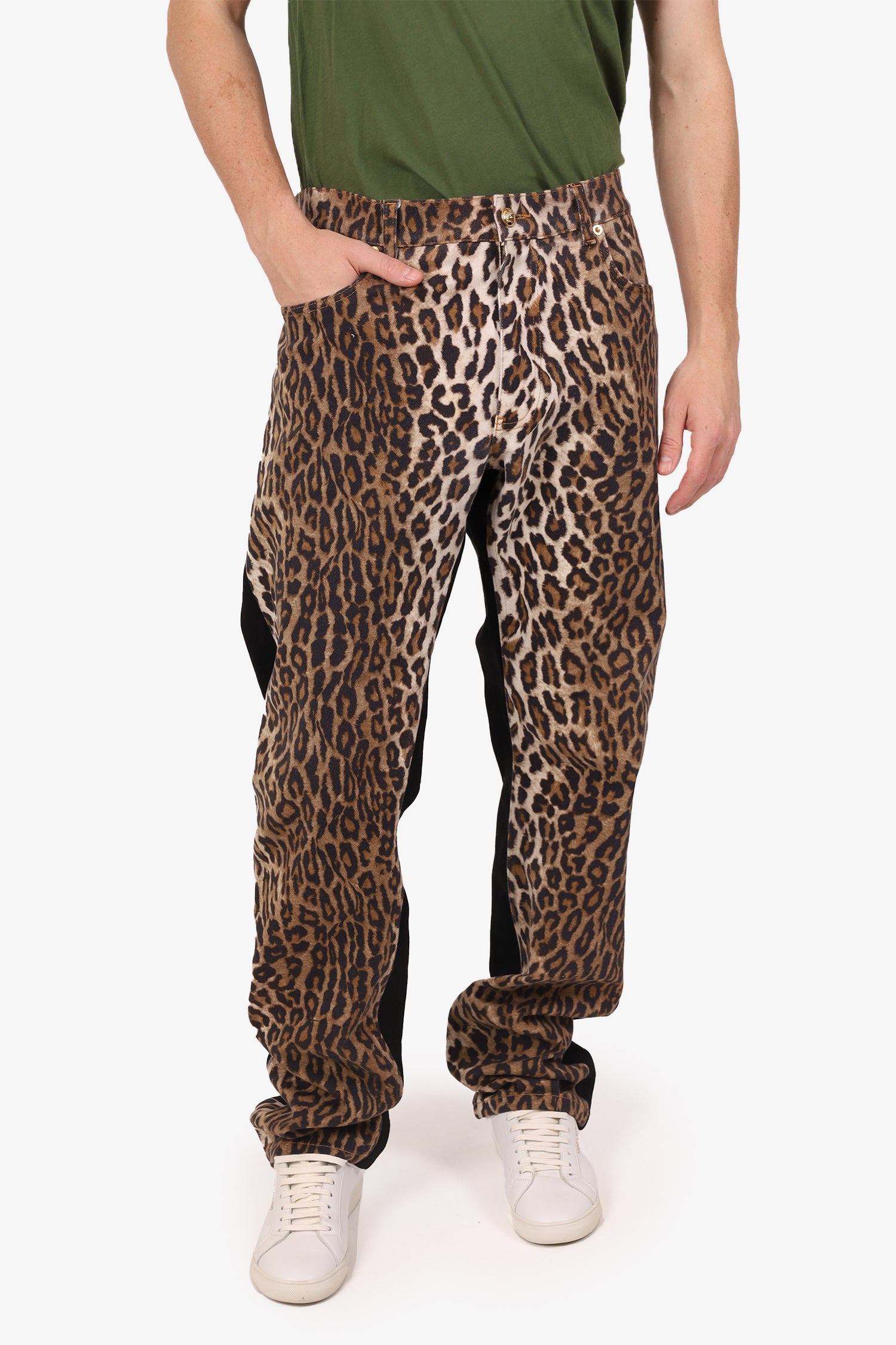 Versace Black Leopard Print Denim Straight Leg Jeans Size 40 Mens