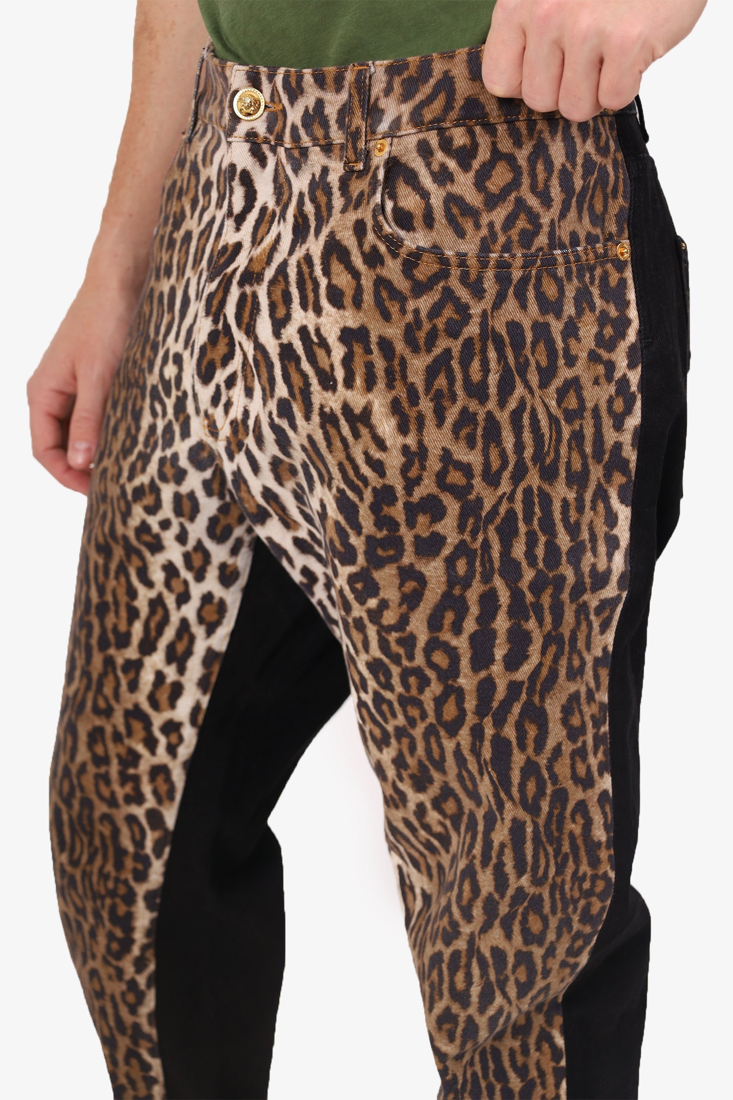 Versace Black Leopard Print Denim Straight Leg Jeans Size 40 Mens
